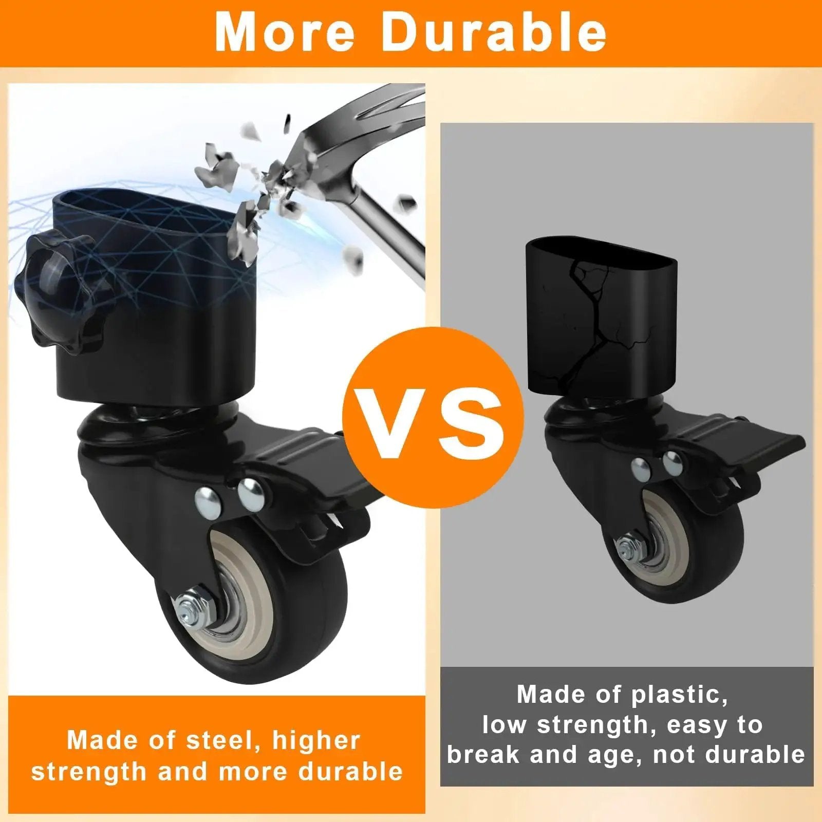 Comparison of steel vs plastic caster wheels showing durability; part of Heavy Duty Caster Wheel Kit With 360 Degree Swivel And Brake For Outdoor Ninja Stand XSKUNSTAND Durable All Steel Construction Fits Ninja OG And OO Series Grill Stands And Pizza Ovens Mobile Wheel Set Enhances Stability And Easy Transport.