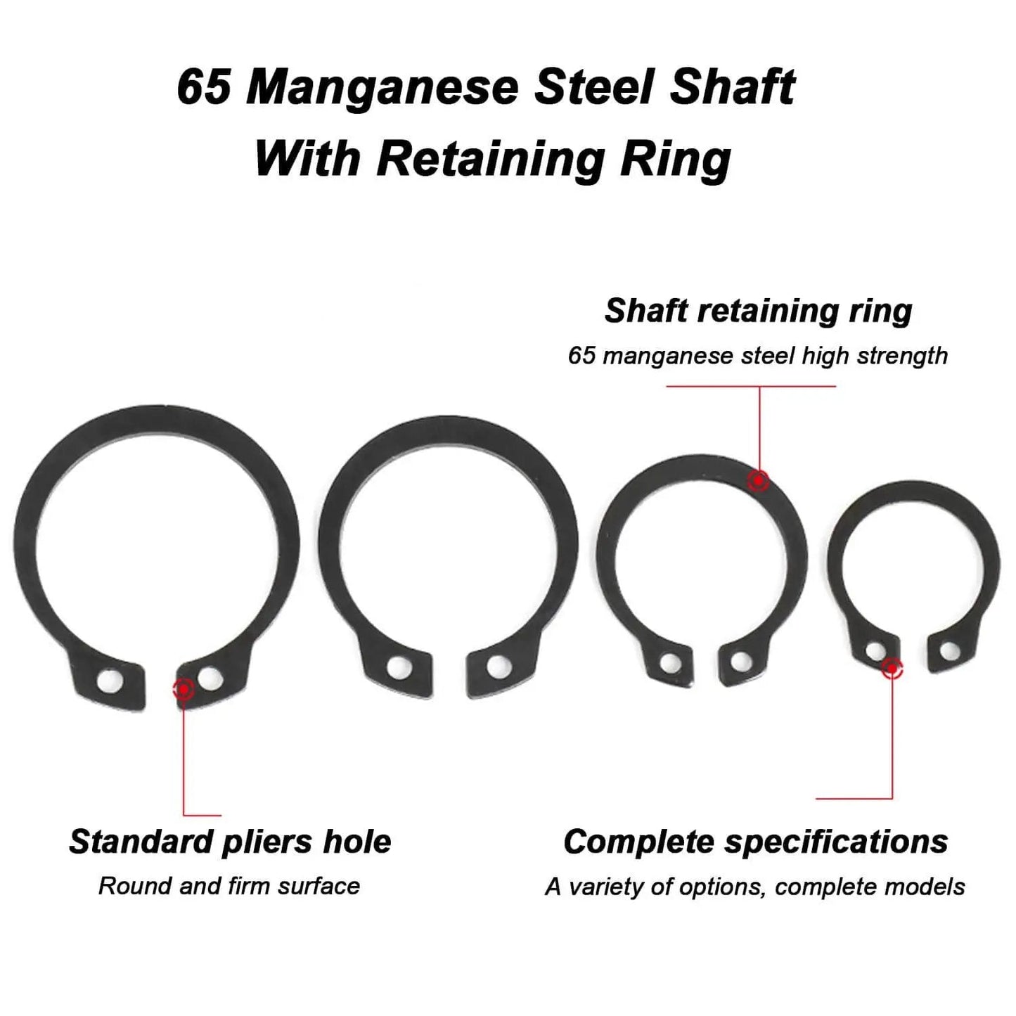 Labeled diagram of external retaining ring set with measurements and specifications for 65Mn manganese steel, showcasing shaft retaining rings.