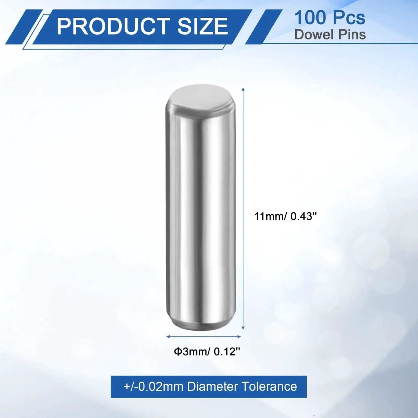 Heavy Duty 100 Piece 3mm By 11mm Steel Dowel Pins Set For Shelf Support And Cabinet Hardware with dimensions and tolerance shown