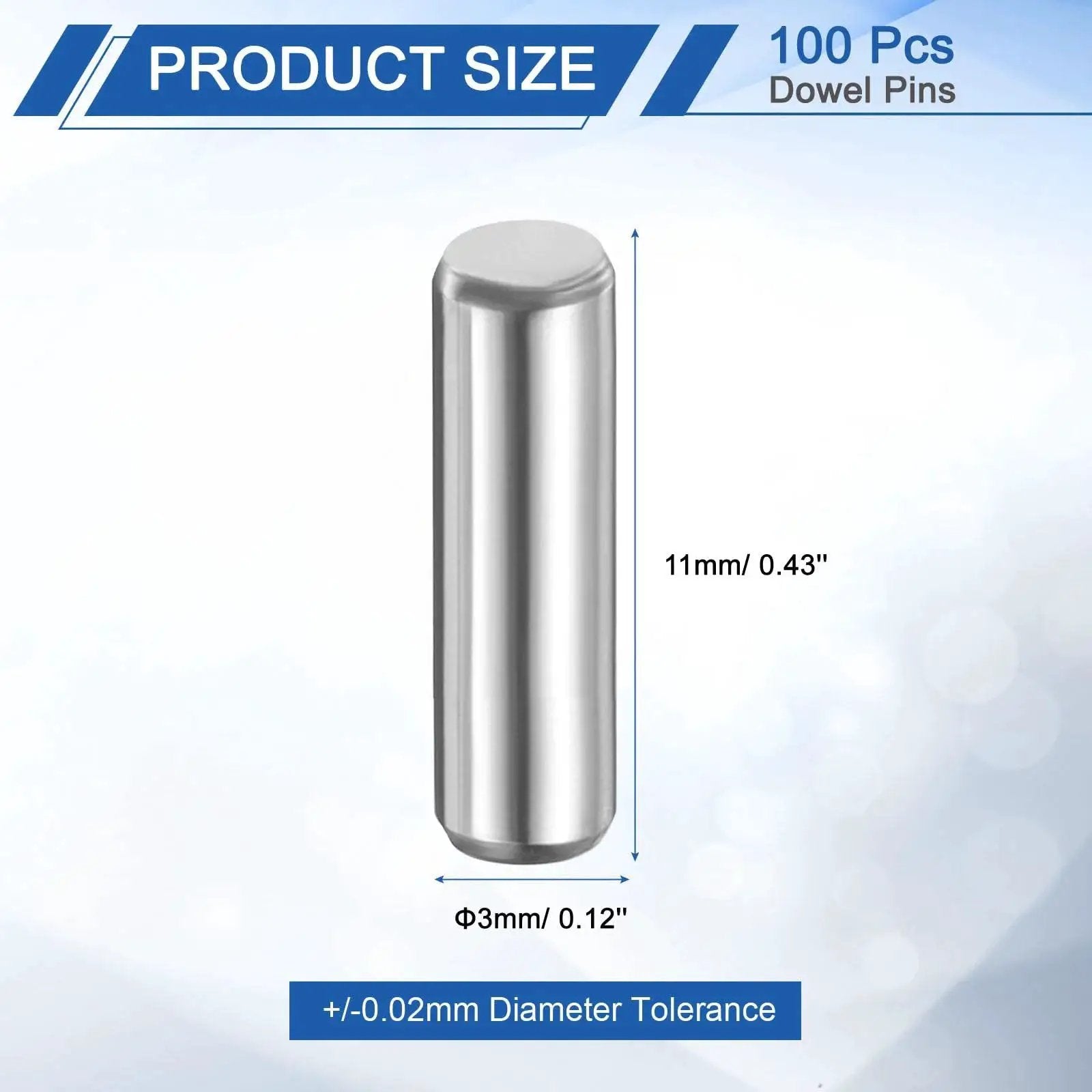 Heavy Duty 100 Piece 3mm By 11mm Steel Dowel Pins Set For Shelf Support And Cabinet Hardware with dimensions and tolerance shown