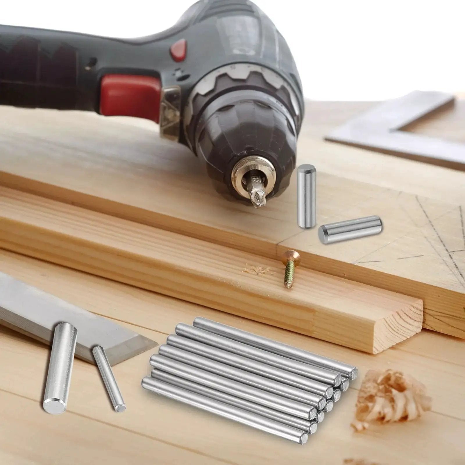 Heavy Duty 100 Pack 2mm By 7mm Dowel Pins Steel Cylindrical Shelf Pins For Cabinets with wood and drill in background