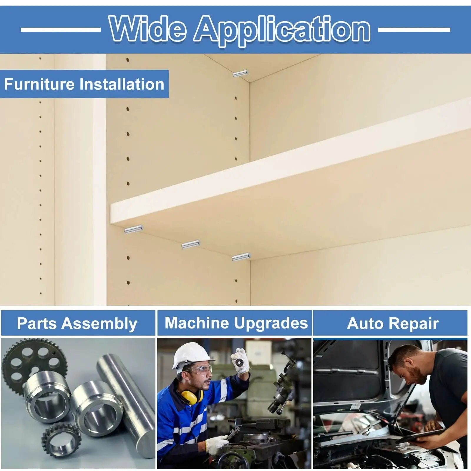 Heavy Duty 100 Piece 3mm By 11mm Steel Dowel Pins Set for shelf support and cabinet hardware shown in wide applications