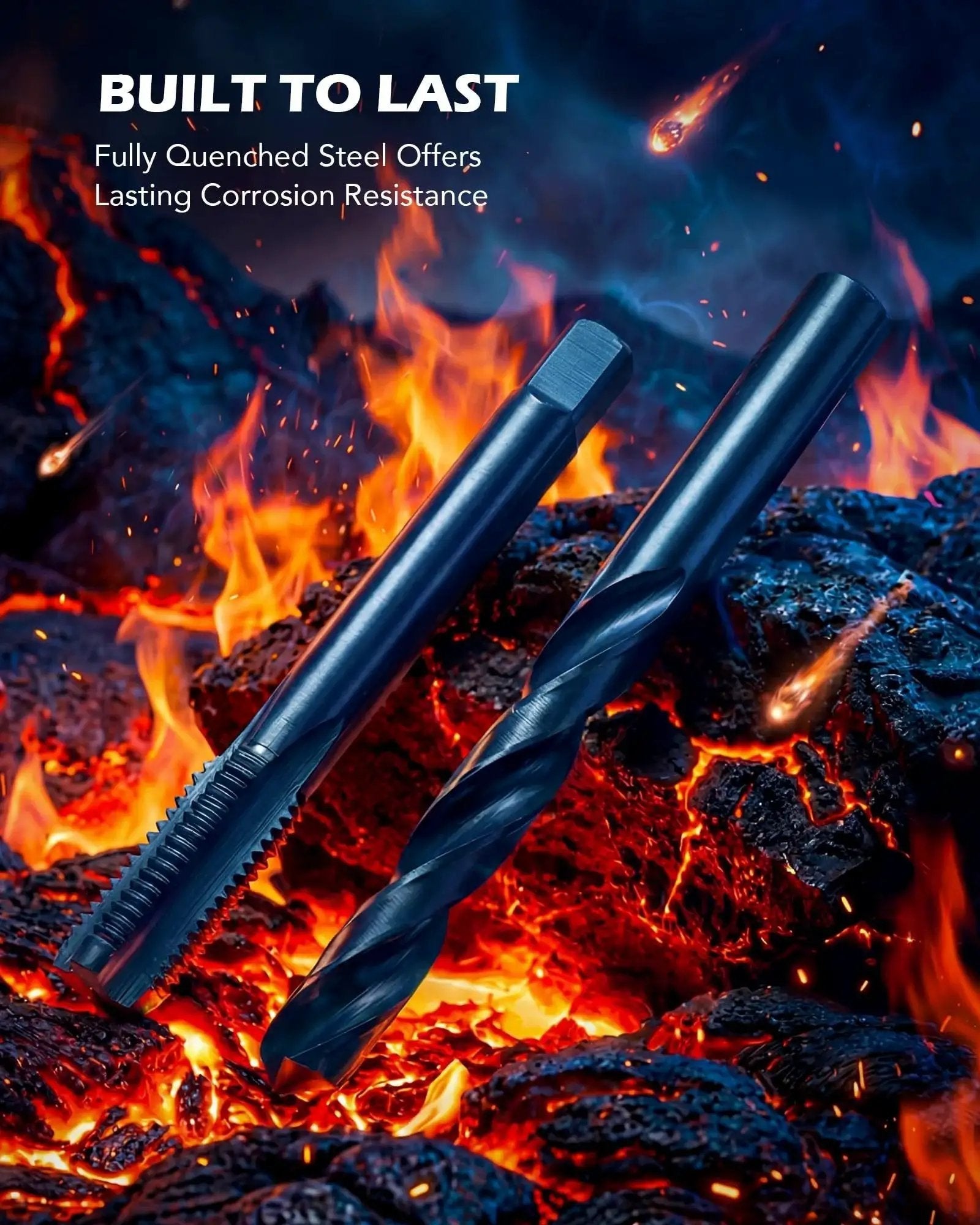 SAE Thread Repair Kit with HSS Drill Bits and Taps, shown against fiery background for durability symbol