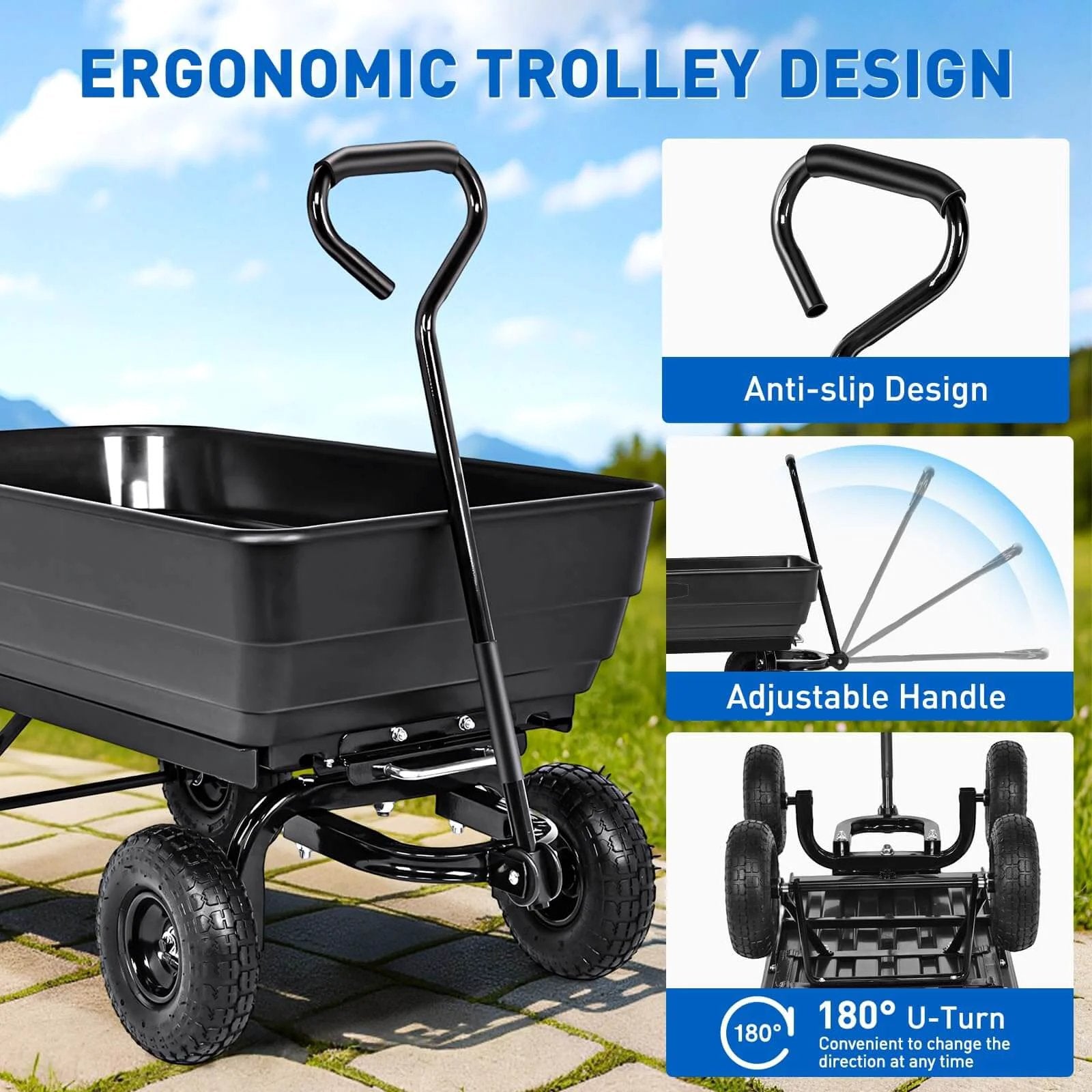 Steel Garden Cart 900 Lb Dump Wagon with All Terrain Inflatable Wheels featuring ergonomic trolley design and adjustable handle.