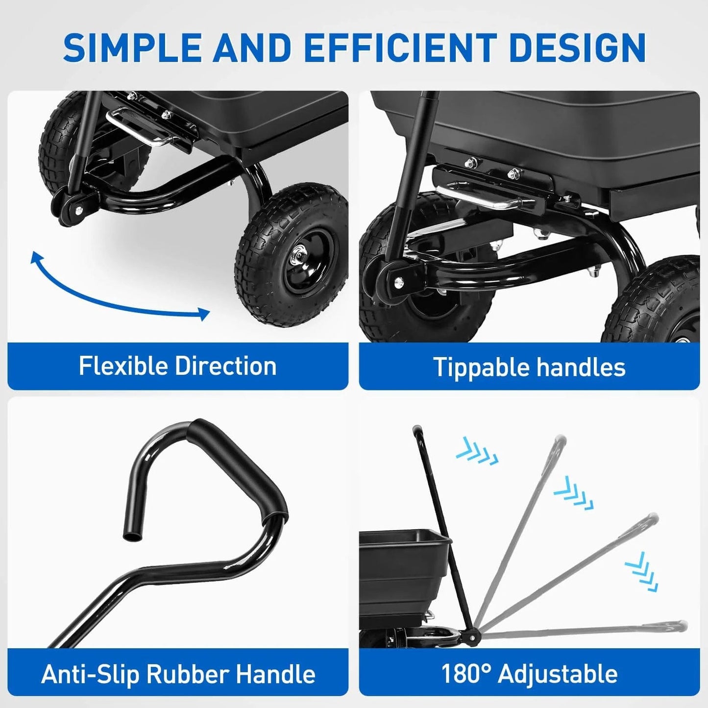 Steel Garden Cart 900 Lb Dump Wagon with All Terrain Inflatable Wheels showing flexible direction, tippable handles, and adjustable features.