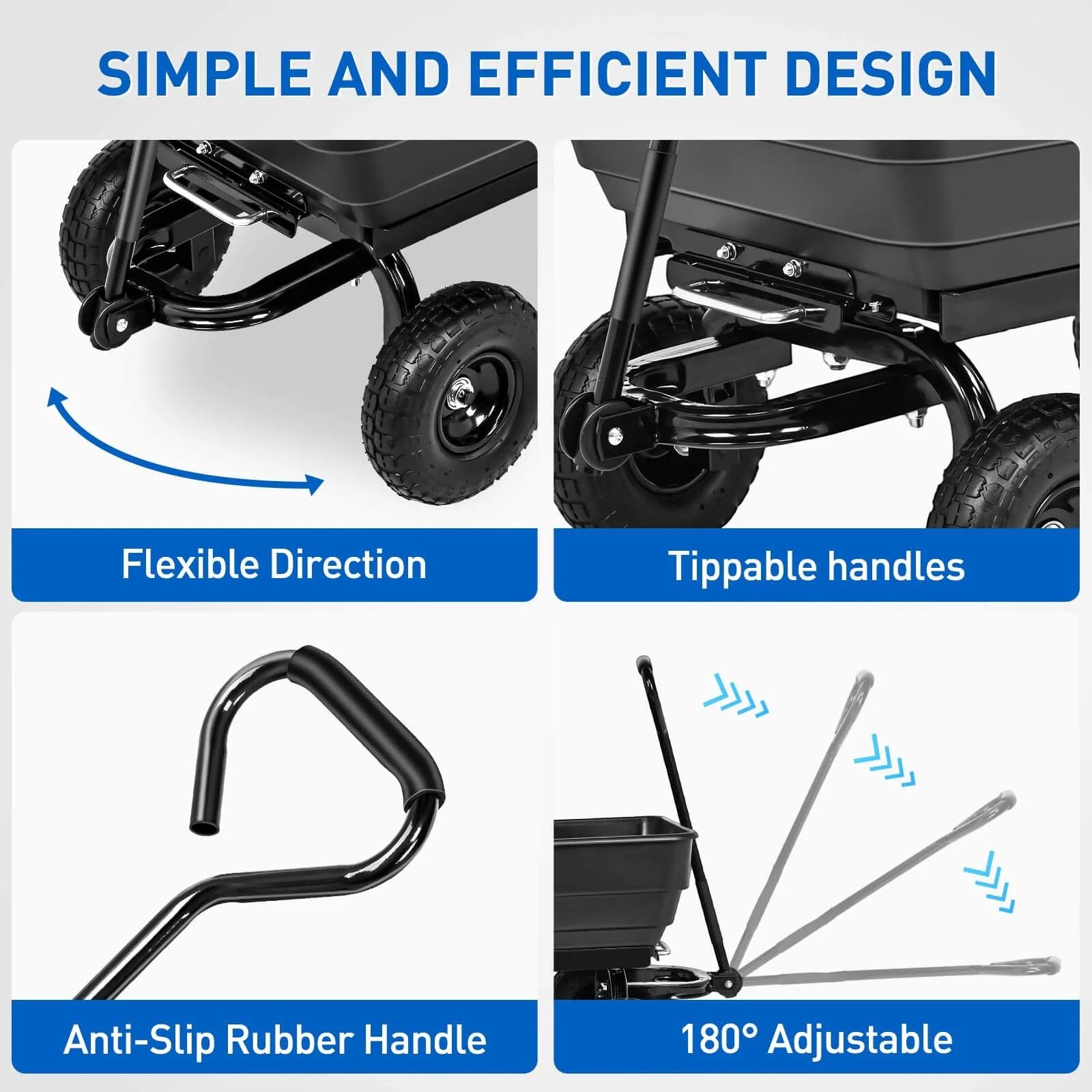 Steel Garden Cart 900 Lb Dump Wagon with All Terrain Inflatable Wheels showing flexible direction, tippable handles, and adjustable features.