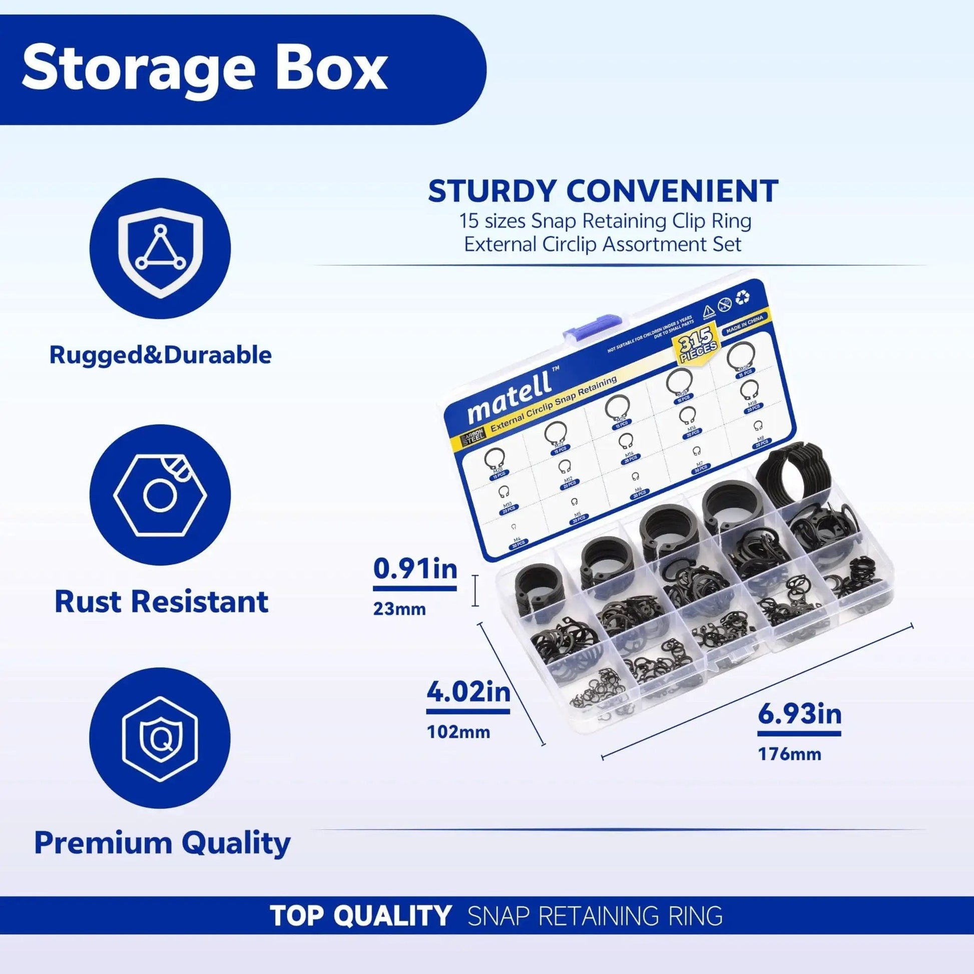 Premium Alloy Steel External Circlip Snap Ring Kit With 315 Piece Set displayed in storage box, showcasing 15 size assortment for shafts by Matell