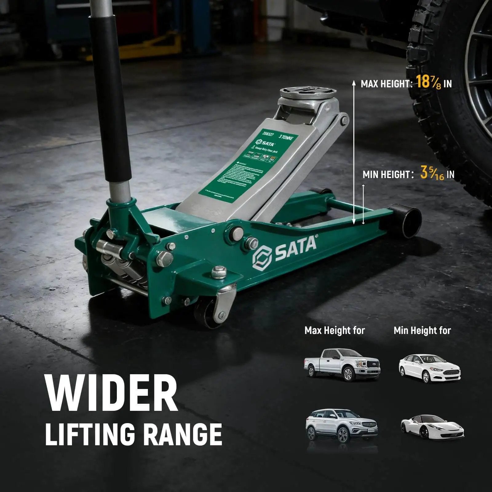 Heavy Duty Steel Floor Jack With 3 Ton Capacity, Ultra Low Profile For Tight Parking Spaces in auto shop, side view.