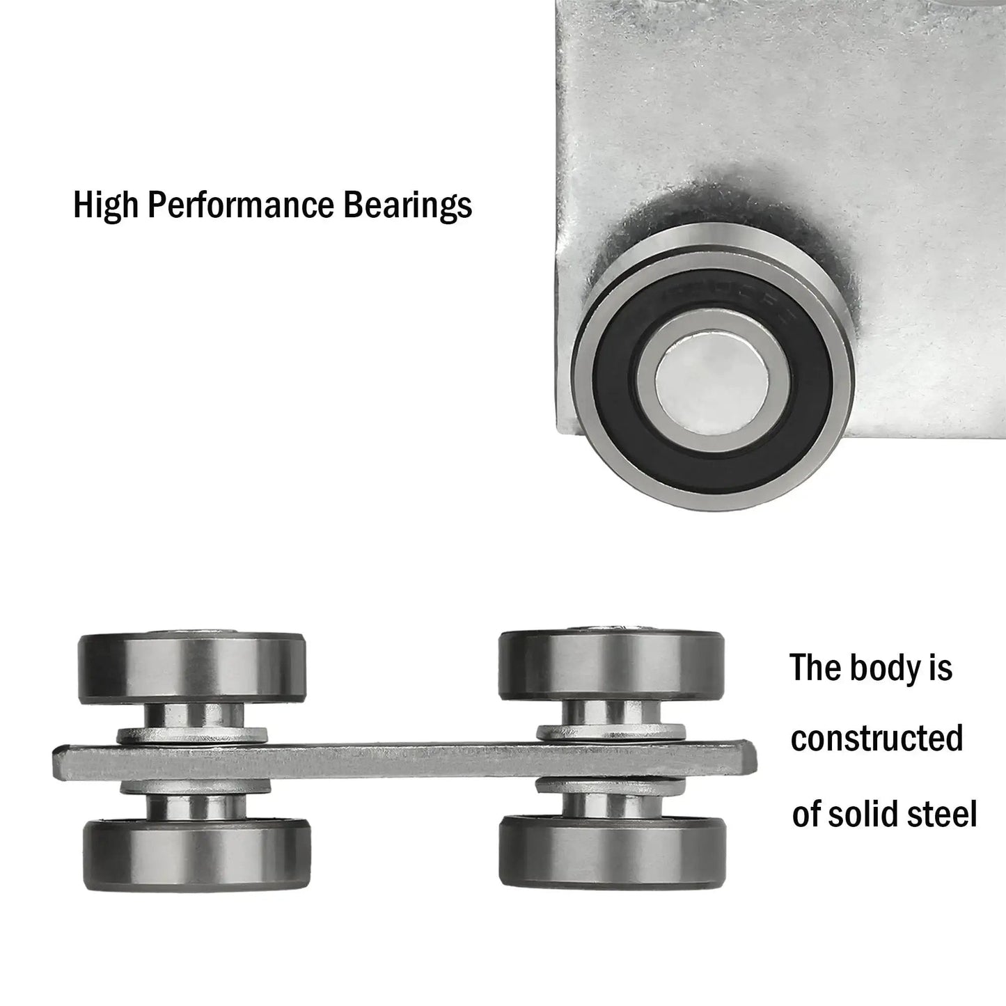 Image showing close-up of Four Wheel Trolley Assembly with roller bearings for Unistrut channel, steel plate and centered alignment.