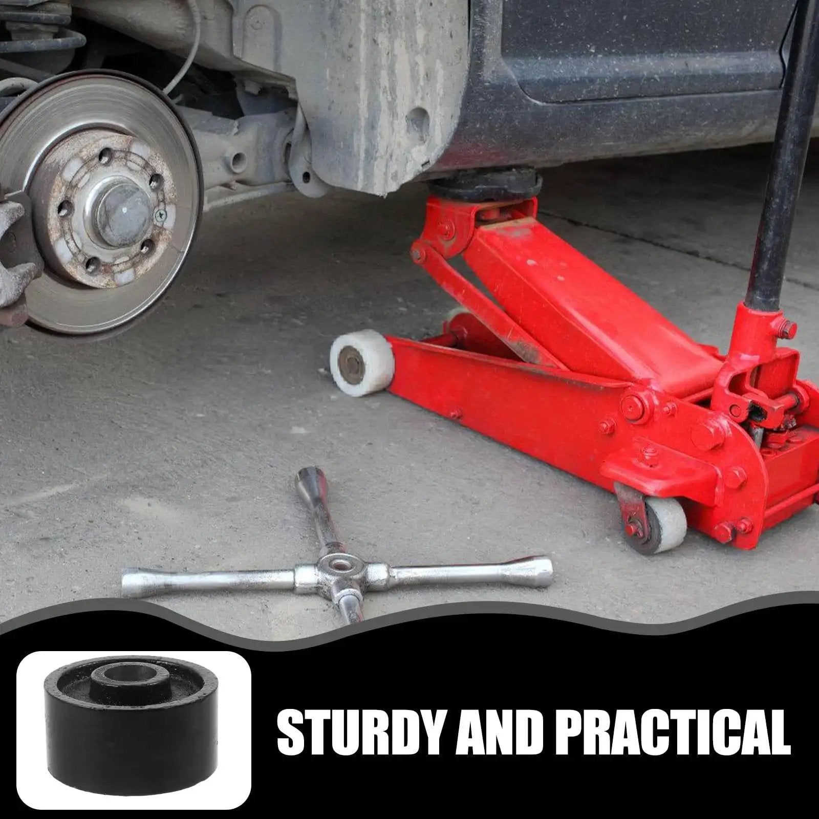 Red hydraulic floor jack lifting vehicle with Universal Steel Front Wheel Replacement for Hydraulic Floor Jacks 2.5 Ton to 3.5 Ton