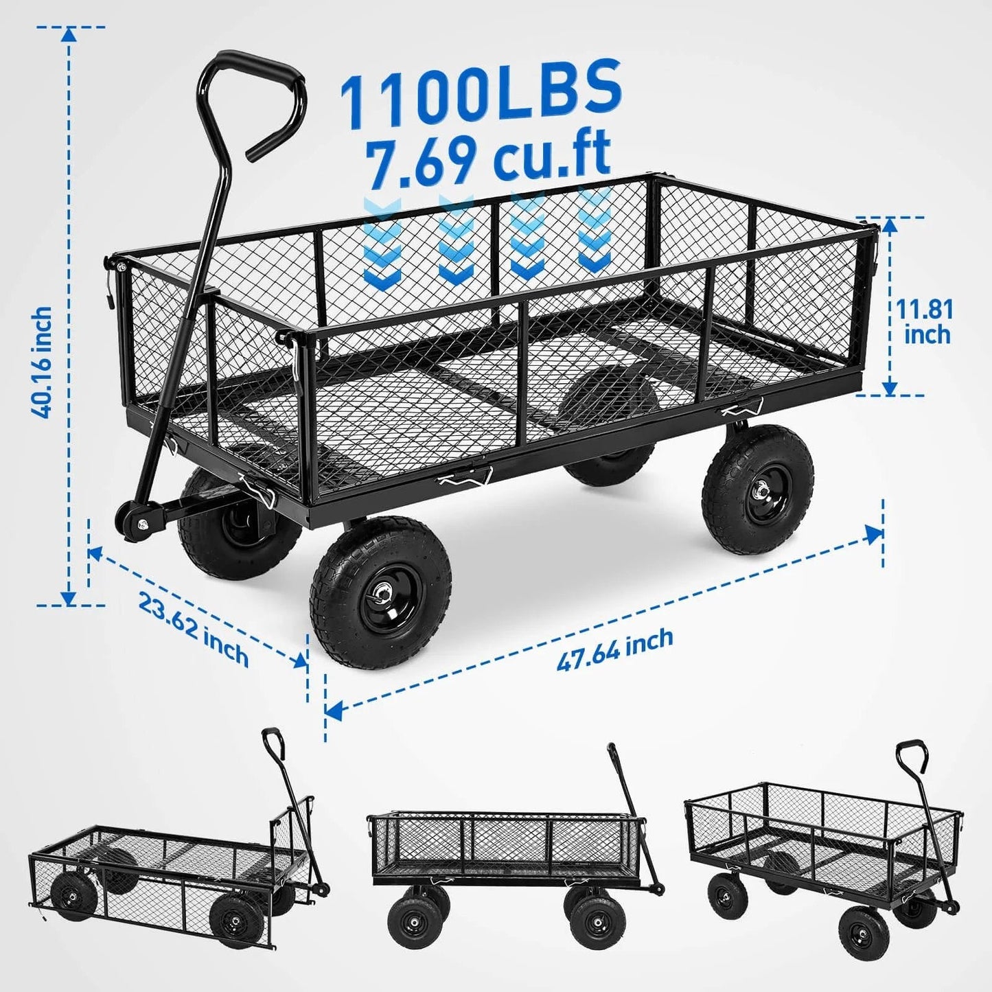 Steel Garden Cart 1100 Lb Dump Wagon with All Terrain Inflatable Wheels, side view showcasing dimensions and sturdy design.