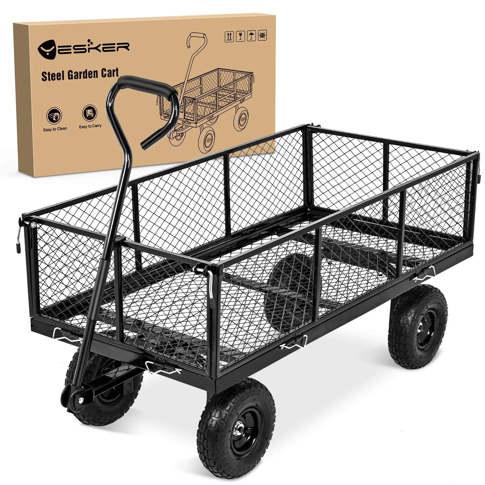 Steel Garden Cart 1100 Lb Dump Wagon with All Terrain Inflatable Wheels beside its packaging, showcasing heavy duty design and utility features.