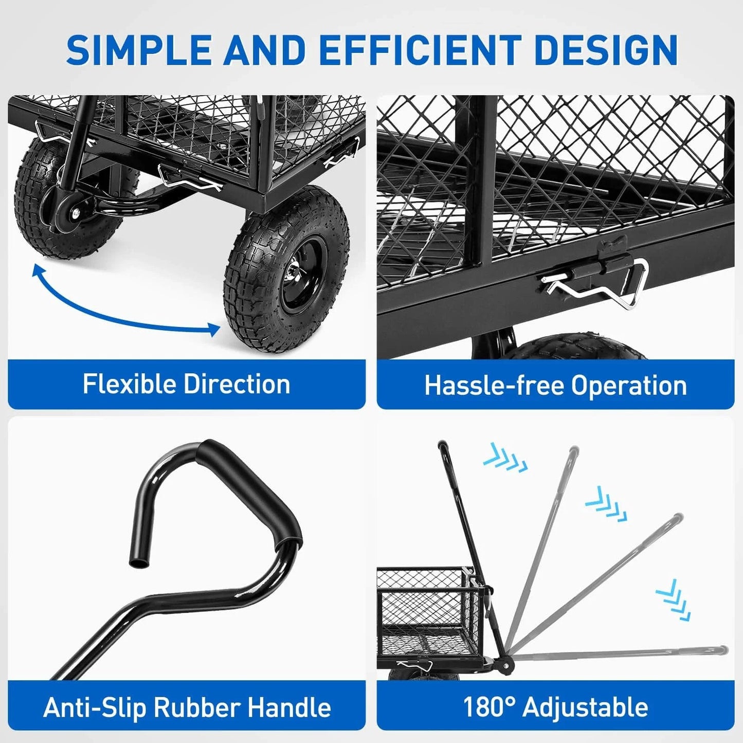 Steel Garden Cart 800 Lb Dump Wagon with All Terrain Inflatable Wheels showing flexible direction, anti-slip handle, and adjustable features.