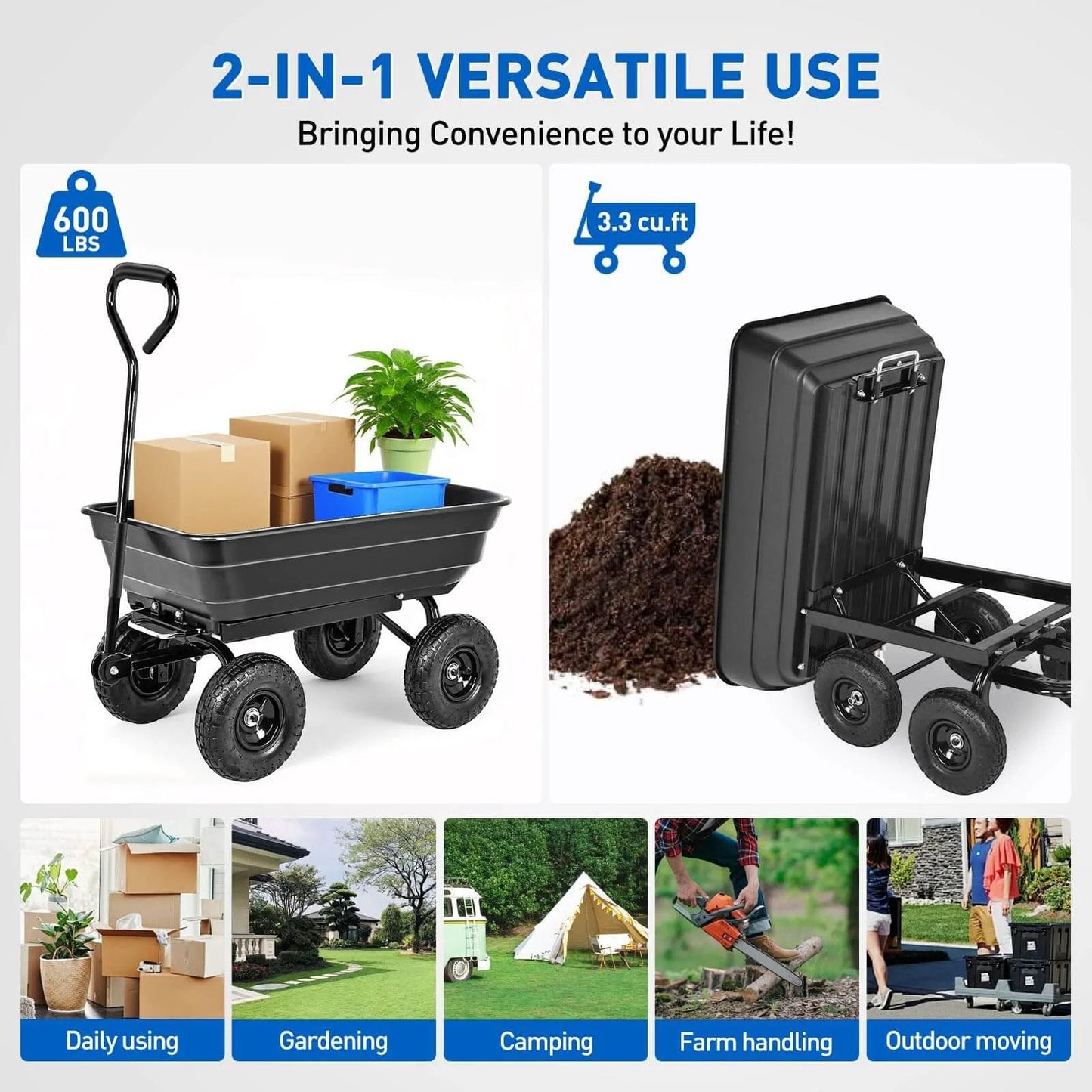 Steel Garden Cart 600 Lb Dump Wagon with All Terrain Inflatable Wheels, heavy duty utility cart in use for gardening and outdoor moving.