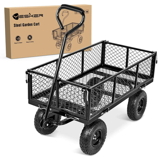 Steel Garden Cart 800 Lb Dump Wagon with All Terrain Inflatable Wheels, side view of heavy duty hauling wagon.