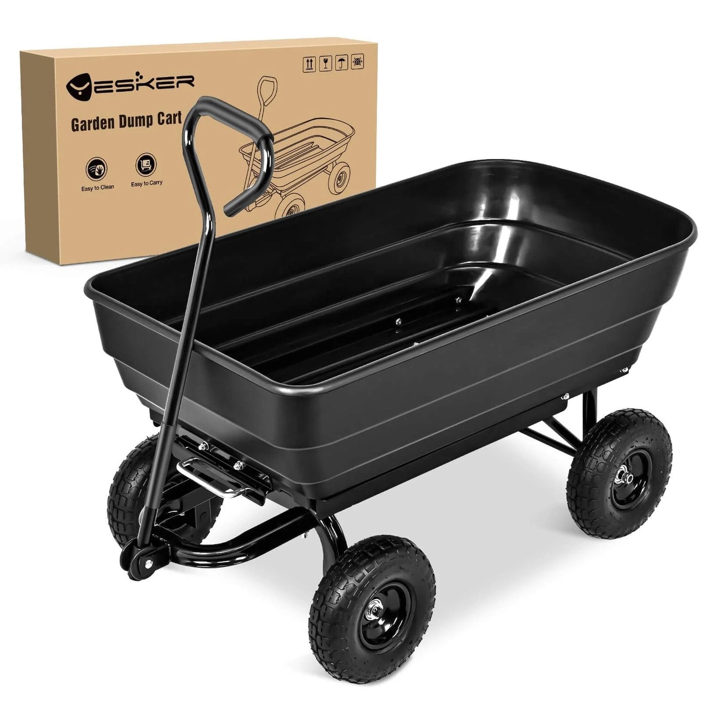 Steel Garden Cart 900 Lb Dump Wagon with All Terrain Inflatable Wheels, Heavy Duty Utility outdoor dumping cart with swivel handle.