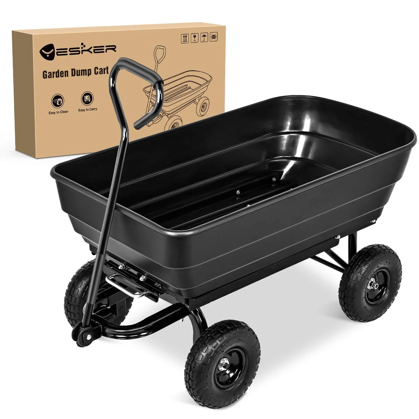 Steel Garden Cart 900 Lb Dump Wagon with All Terrain Inflatable Wheels, Heavy Duty Utility outdoor dumping cart with swivel handle.