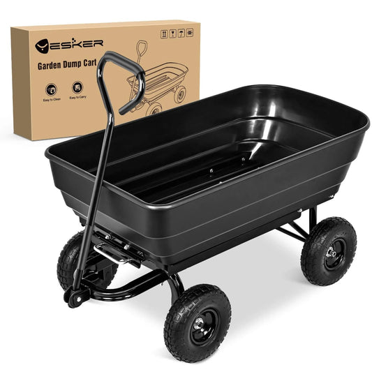 Steel Garden Cart 900 Lb Dump Wagon with All Terrain Inflatable Wheels, Heavy Duty Utility outdoor dumping cart with swivel handle.