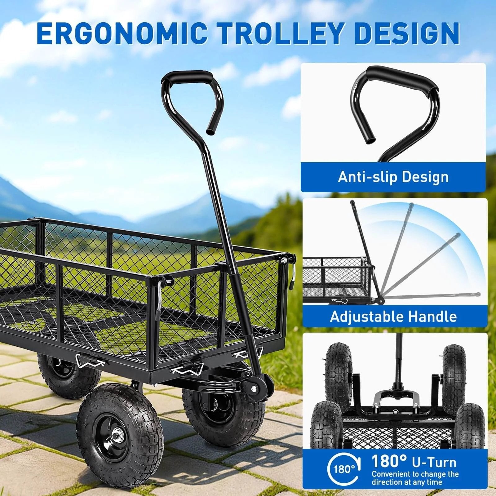 Steel Garden Cart 800 Lb Dump Wagon with All Terrain Inflatable Wheels featuring ergonomic handle and adjustable design.