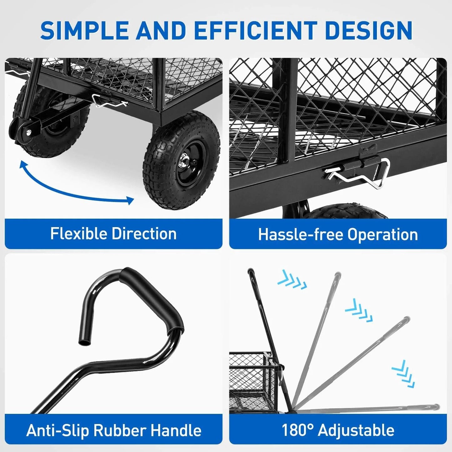 Steel Garden Cart 1100 Lb Dump Wagon with All Terrain Inflatable Wheels showcasing flexible direction, anti-slip handle, and adjustable design.