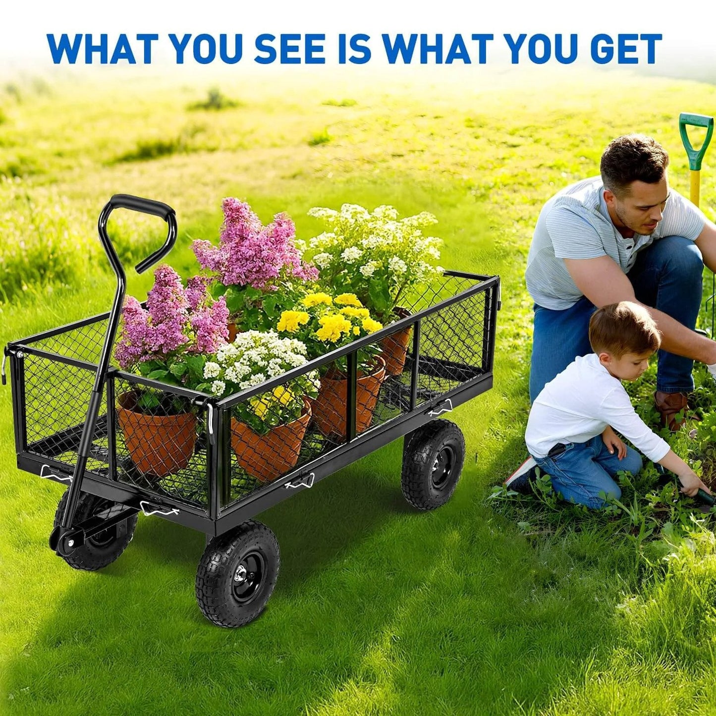 Steel Garden Cart 1100 Lb Dump Wagon with All Terrain Inflatable Wheels carrying potted flowers on green grass.