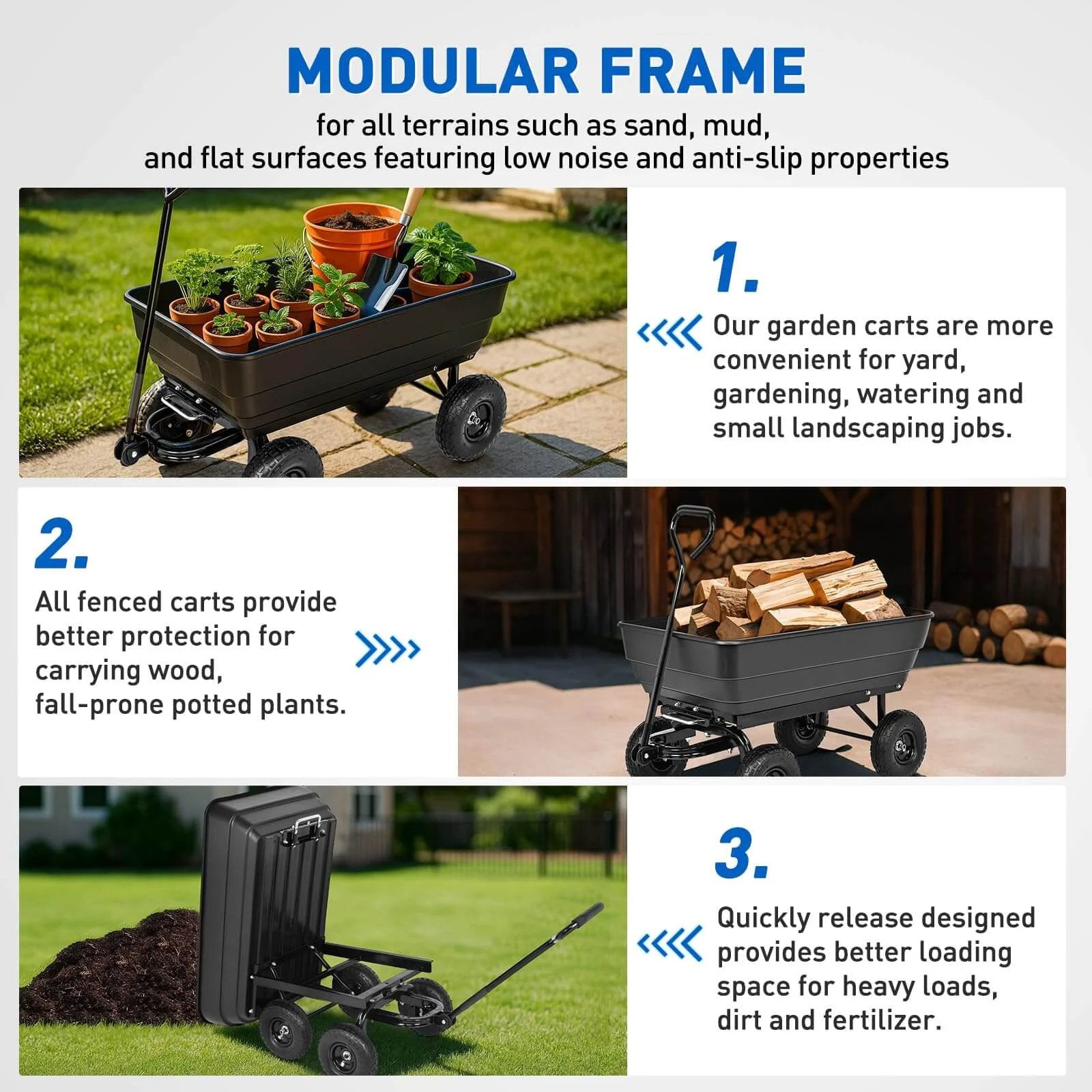 Steel Garden Cart 900 Lb Dump Wagon with All Terrain Inflatable Wheels, modular frame for various surfaces and better load security.