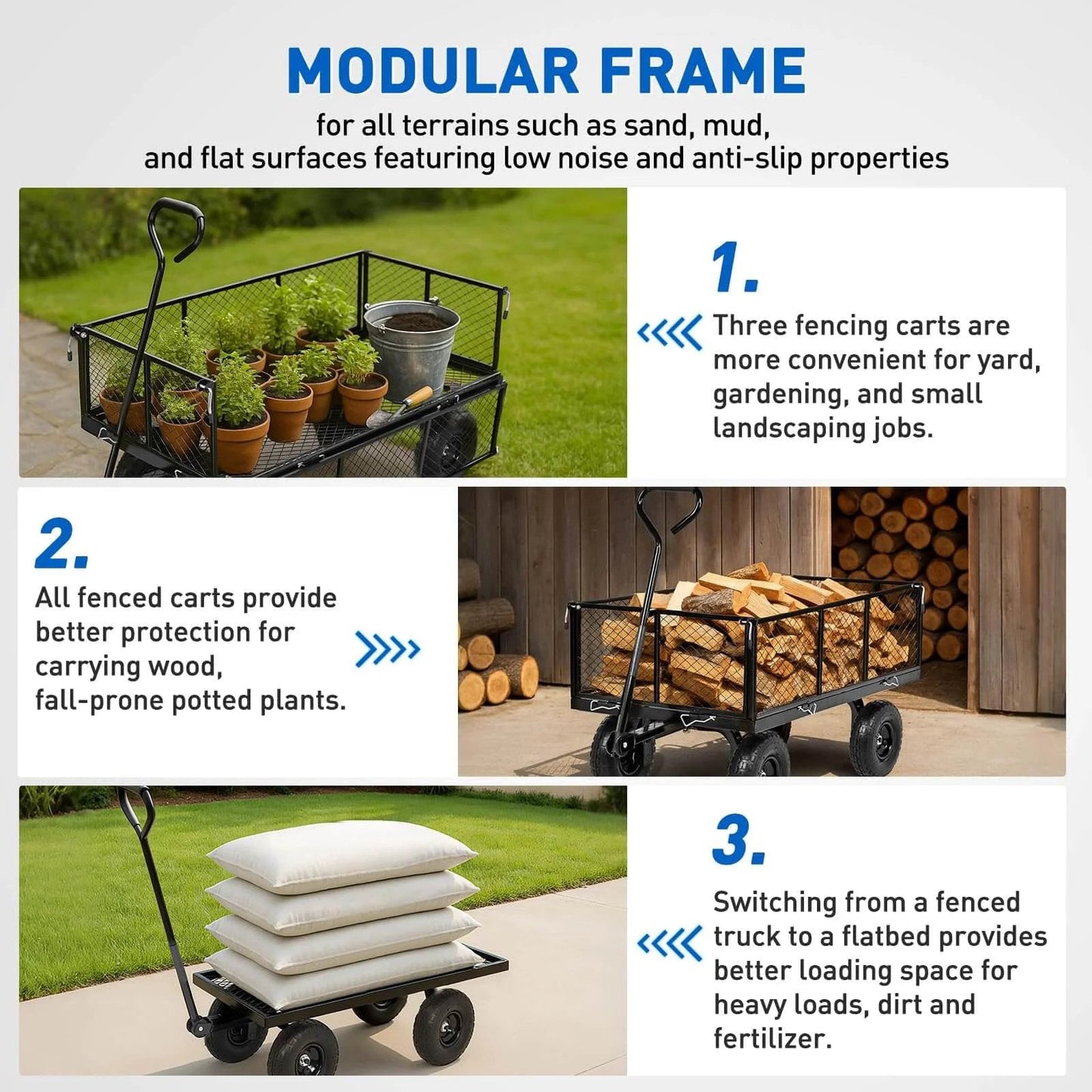 Steel Garden Cart 1100 Lb Dump Wagon with All Terrain Inflatable Wheels modular frame for landscaping and hauling tasks.