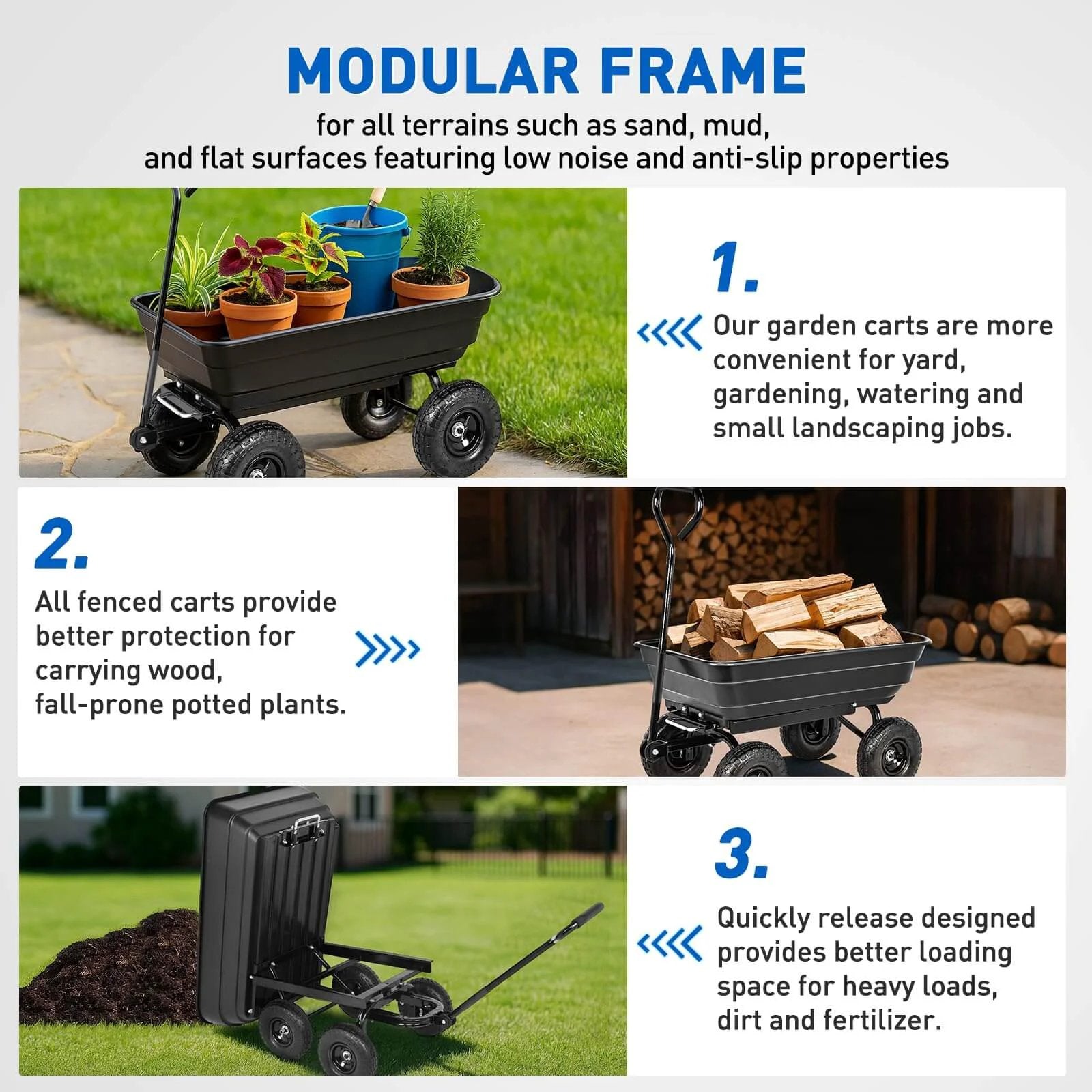 Steel Garden Cart 600 Lb Dump Wagon with All Terrain Inflatable Wheels showcasing modular frame, in use for hauling materials.