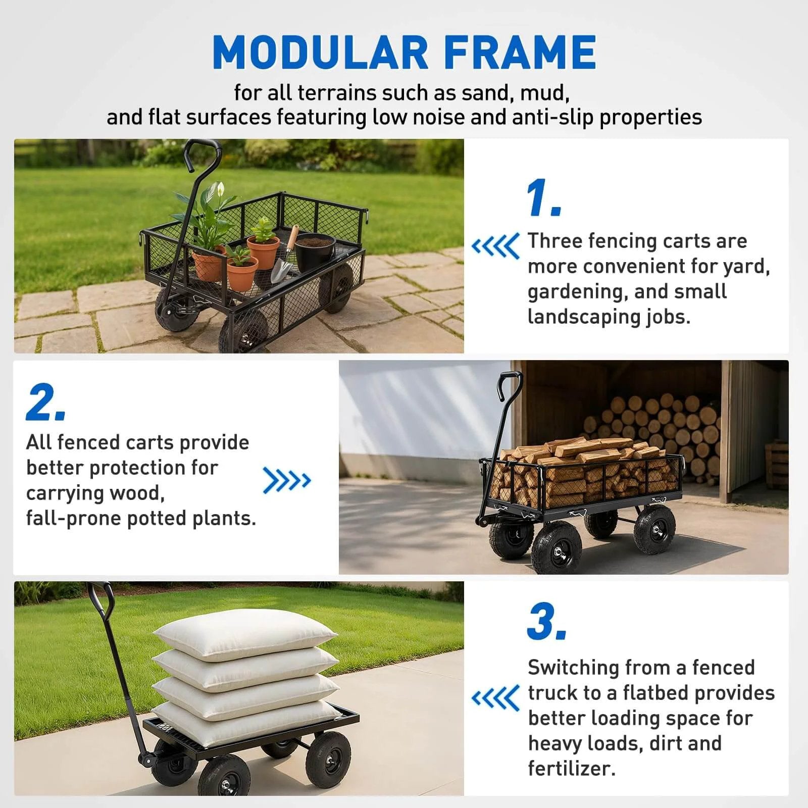 Steel Garden Cart 800 Lb Dump Wagon with All Terrain Inflatable Wheels, modular frame image showcasing versatile use for gardening.