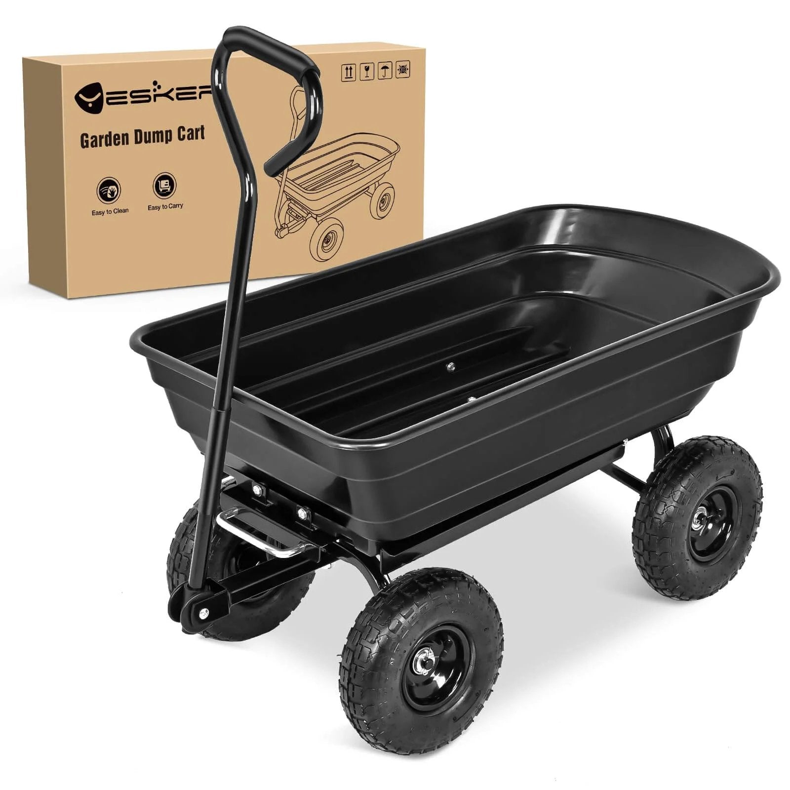 Steel Garden Cart 600 Lb Dump Wagon with All Terrain Inflatable Wheels showcasing black dump cart with swivel handle.