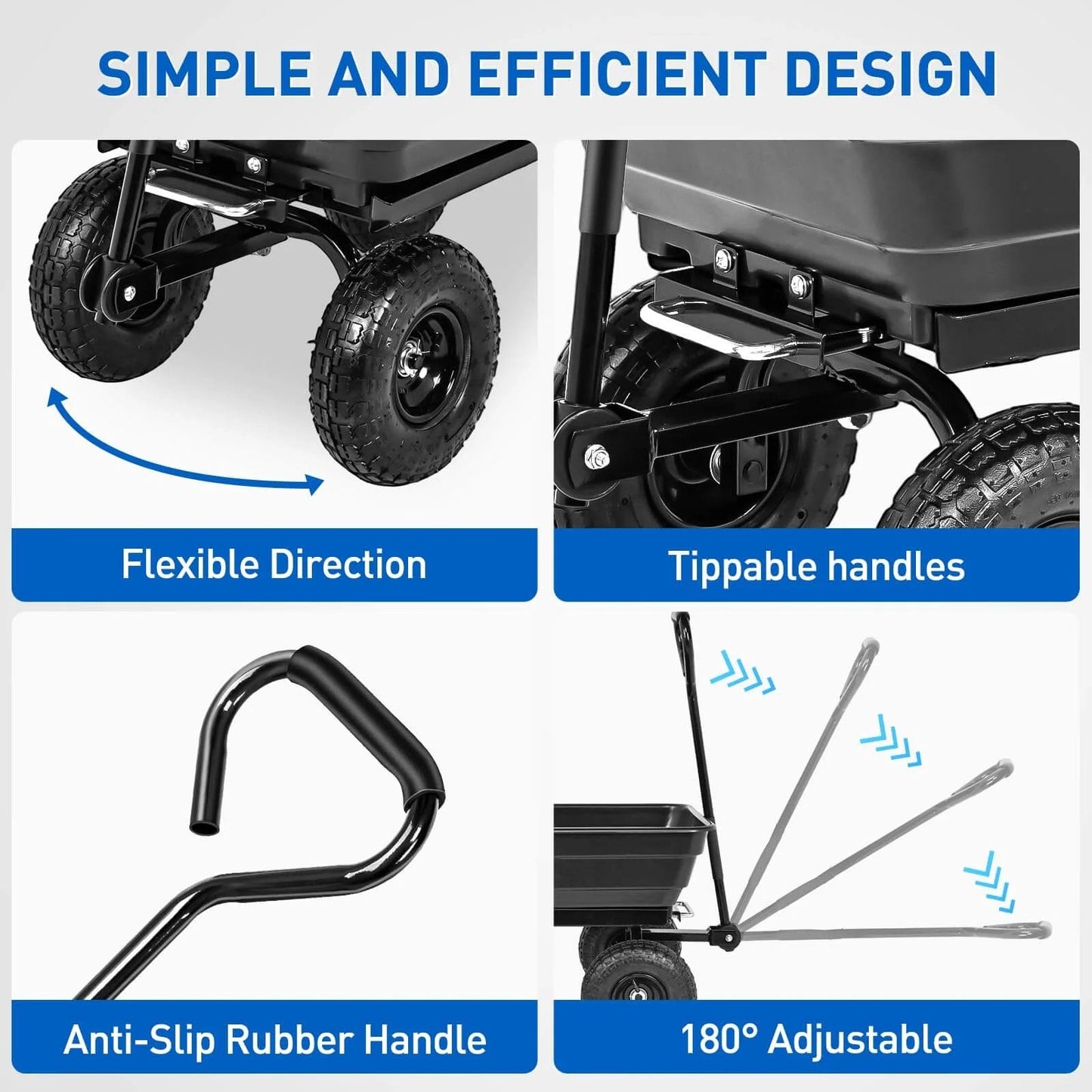 Steel Garden Cart 600 Lb Dump Wagon with All Terrain Inflatable Wheels showing flexible direction, tippable handles, and adjustable anti-slip rubber handle.