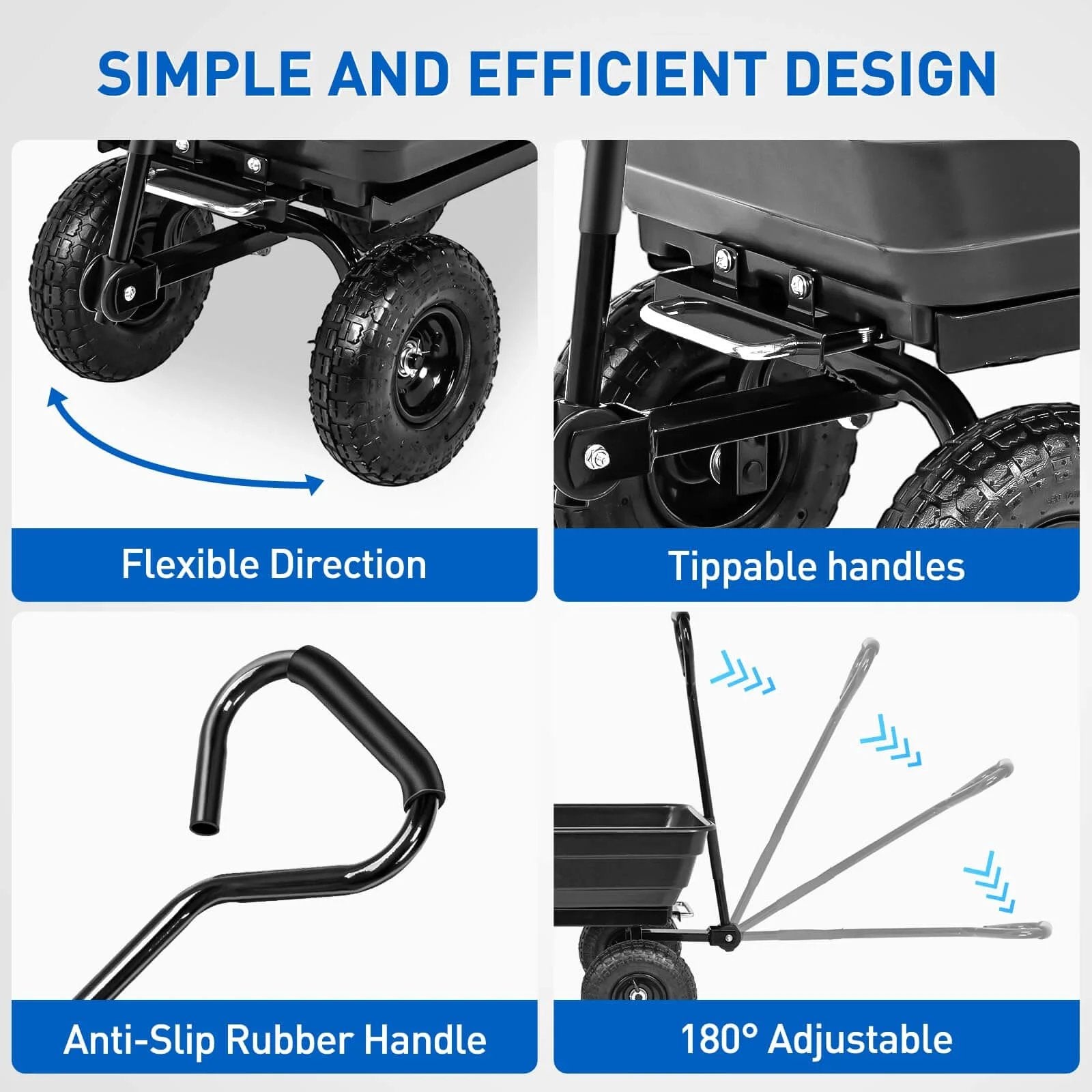 Steel Garden Cart 600 Lb Dump Wagon with All Terrain Inflatable Wheels showing flexible direction, tippable handles, and adjustable anti-slip rubber handle.