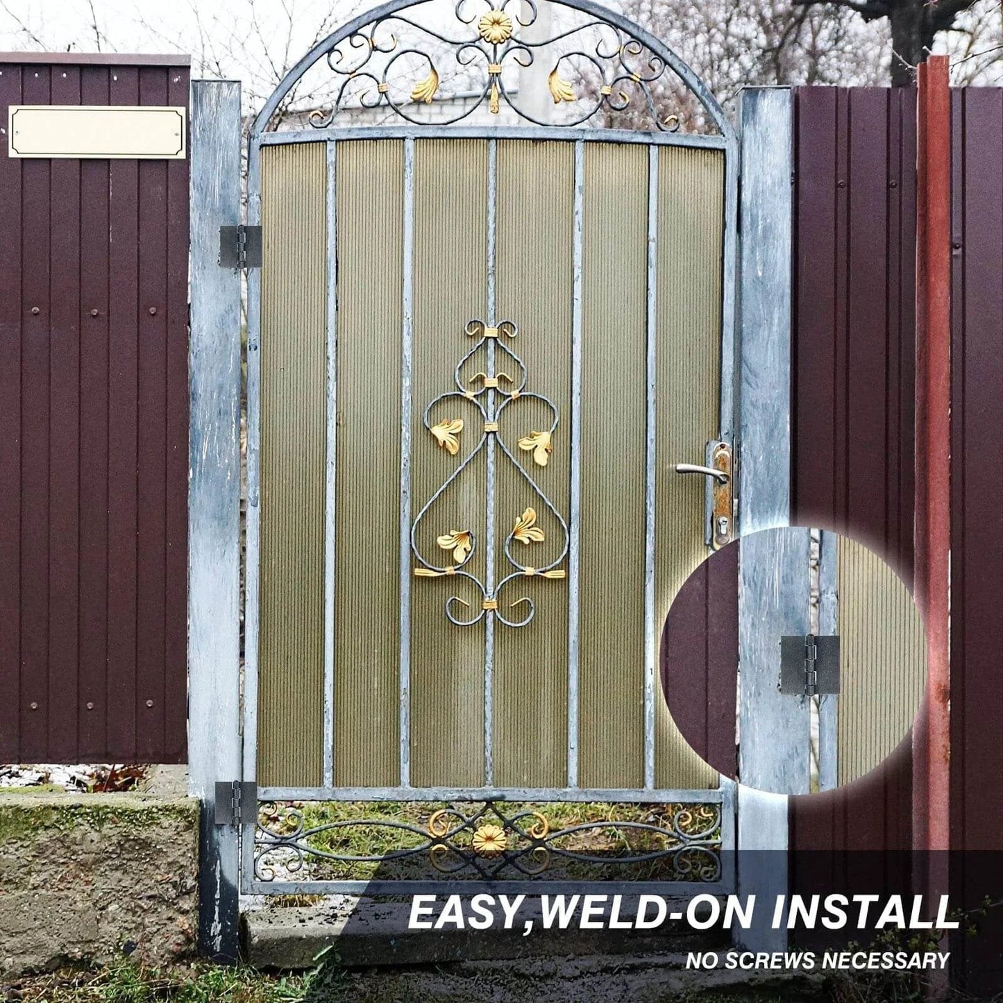 Iron gate with 2 pieces 3 heavy duty weldable hinges 12 Ga welding long lasting steel butt hinge visible on the frame for trailer gates.