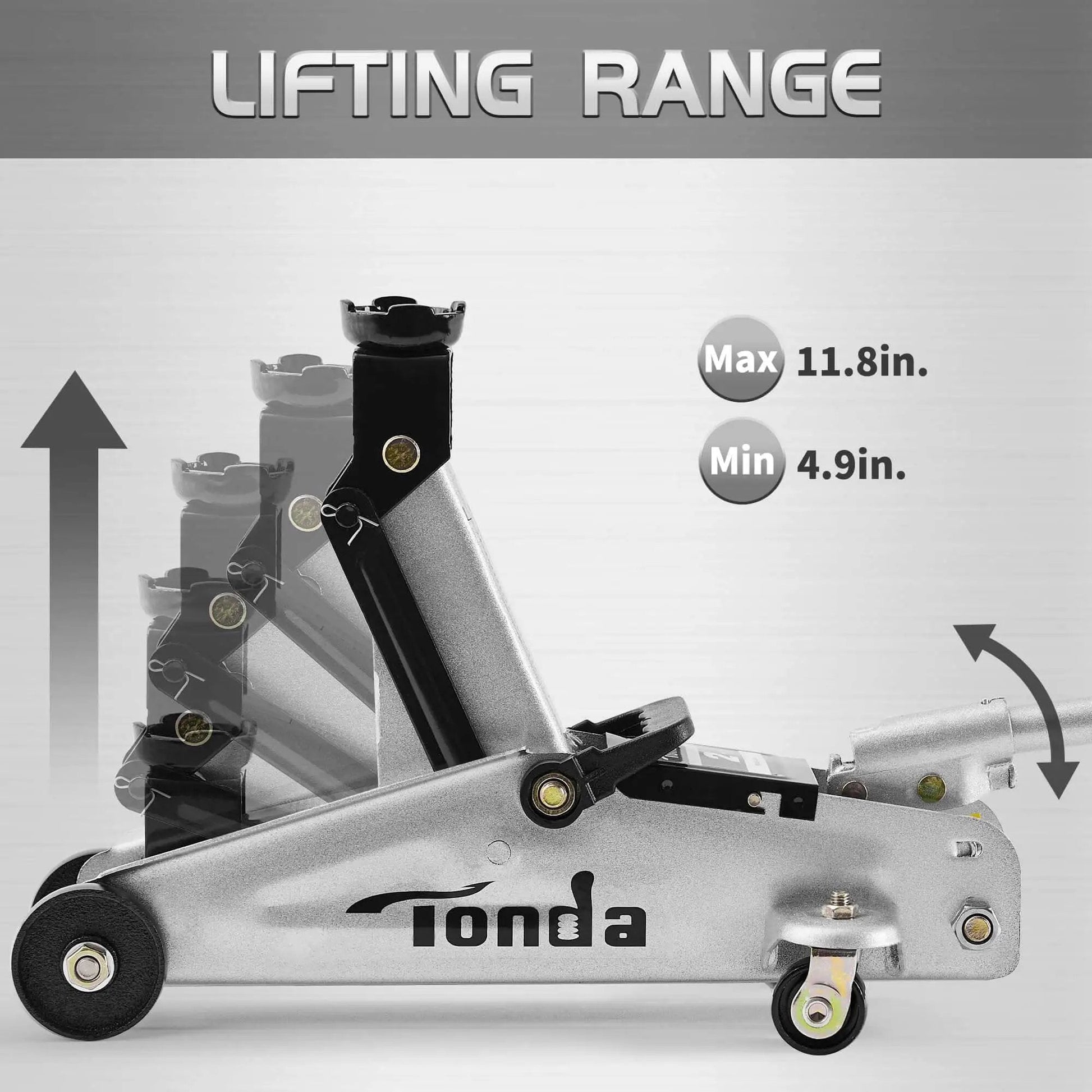 Heavy Duty 2 Ton Floor Jack With Safe Hydraulic Lift For Cars Portable Car Jack 4.9 To 11.8 Inch Lift 3800 Lb Capacity With Built In Safety Bypass Valve And Easy Maneuverability On Two Large Steel Casters TONDA showing lifting range between 4.9in and 11.8in, featuring steel construction and visible wheels for maneuverability.