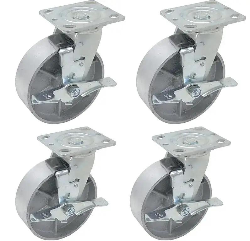 Four 6 Inch By 2 Inch Steel Heavy Duty Industrial Casters with Swivel Top Lock Brake Top Plate for Industrial Equipment Mobility