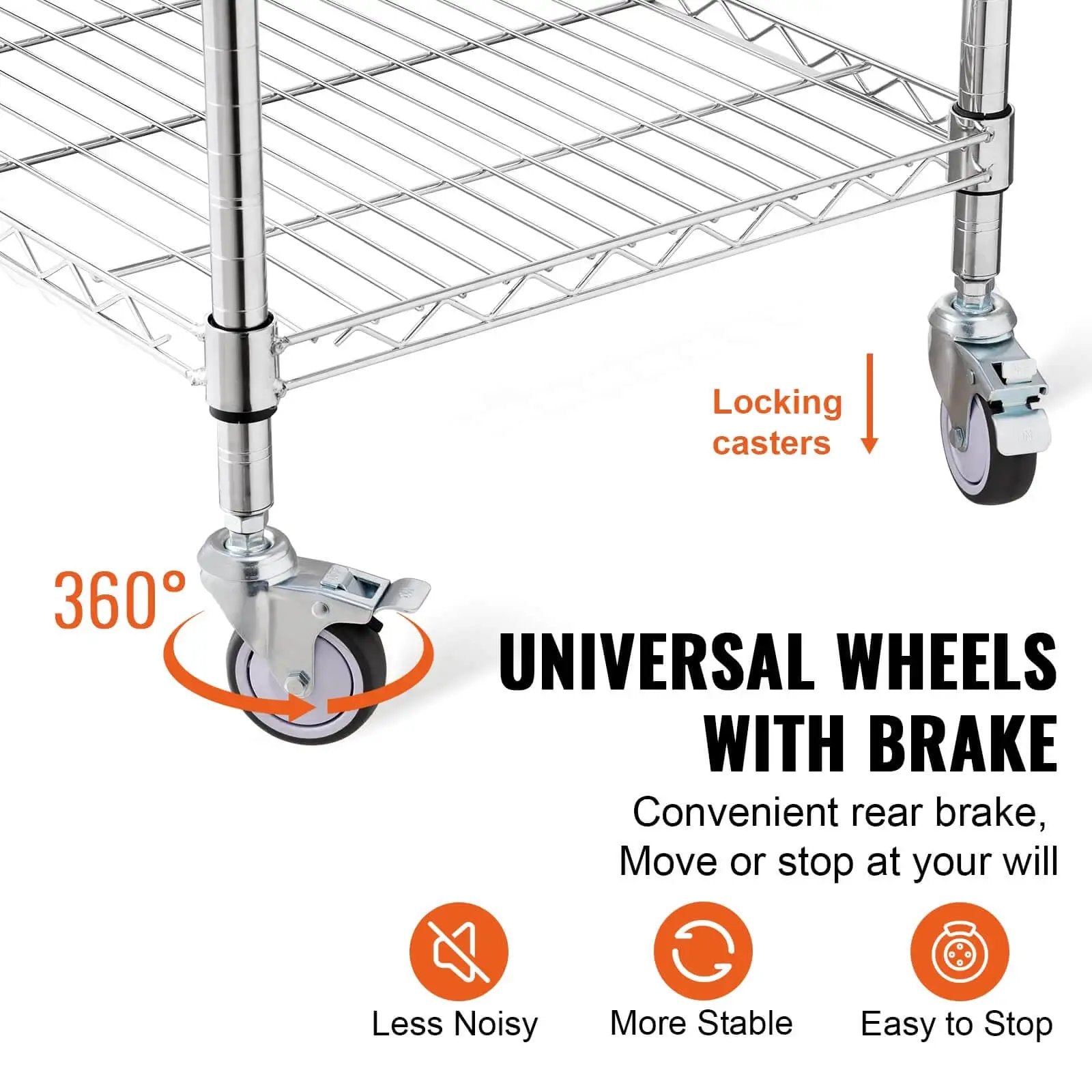 Heavy Duty Kitchen Utility Cart With Three Tiers And 470 Lb Capacity, featuring steel rolling cart brake wheels and wire shelves