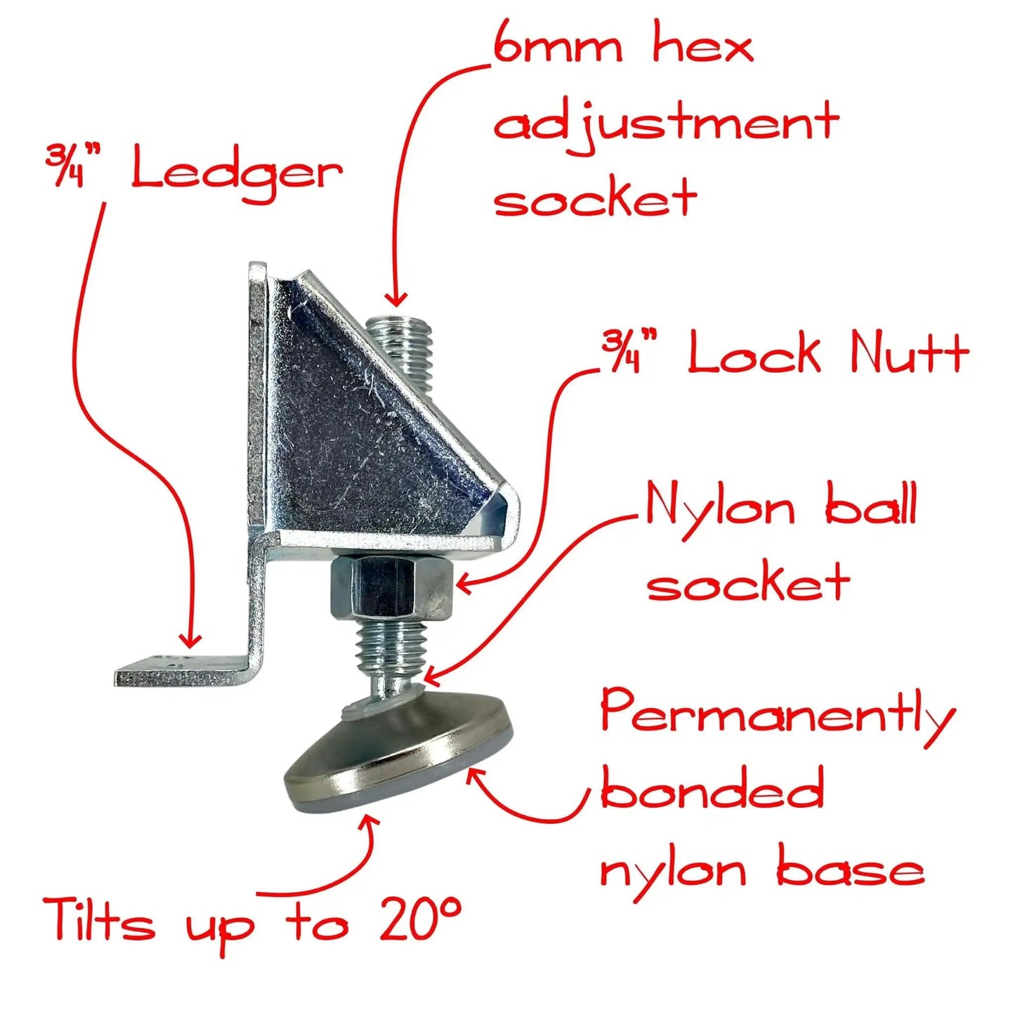 Side view of Beefy Heavy Duty Leveling Feet showing 6mm adjustment socket, 3/4" ledger, and lock nut. Key features for workbenches and machinery.