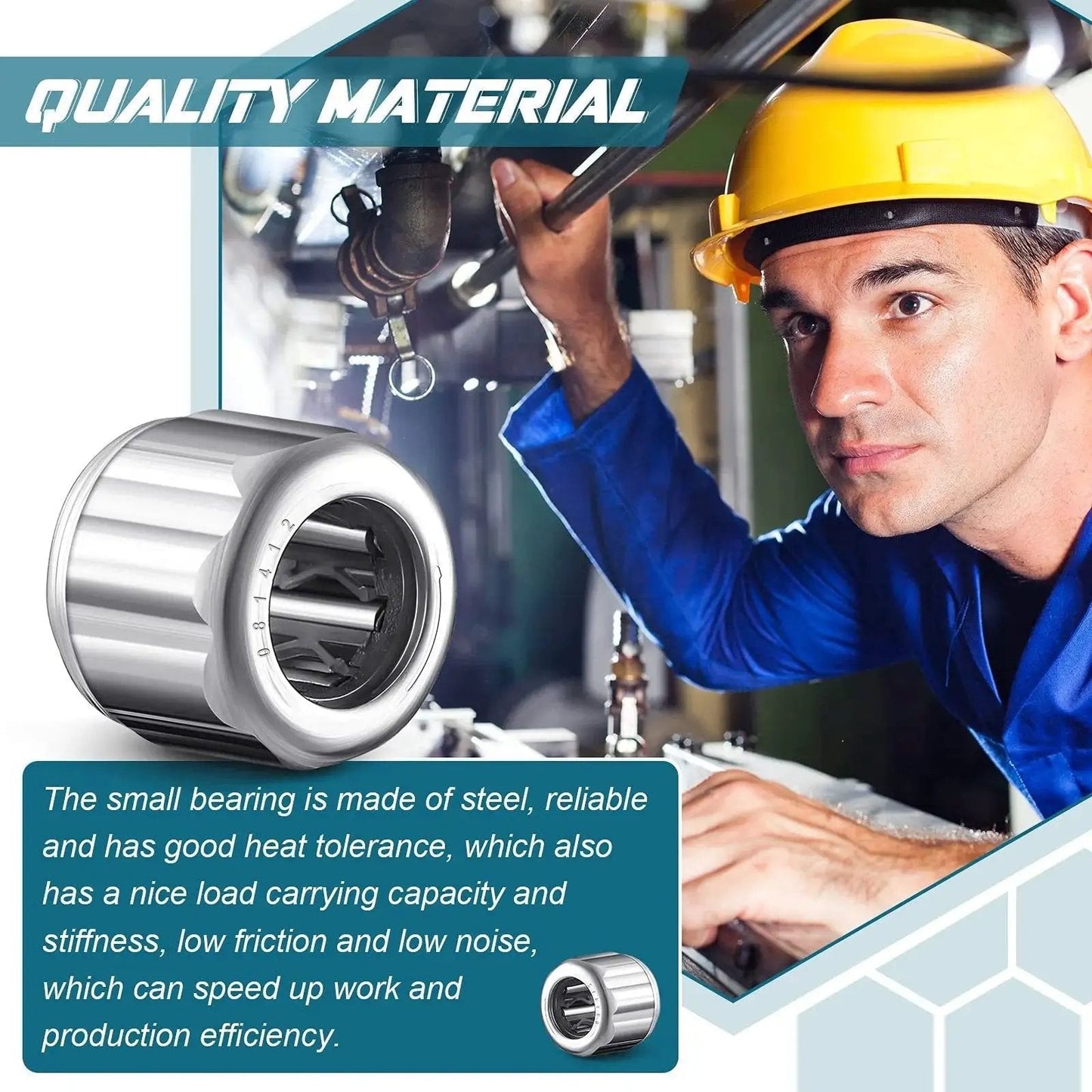 Six Pieces Heavy Duty Needle Roller Bearings 8mm Bore 14mm OD 12mm Width Unilateral Octagonal Industrial Bearings displayed with worker in background