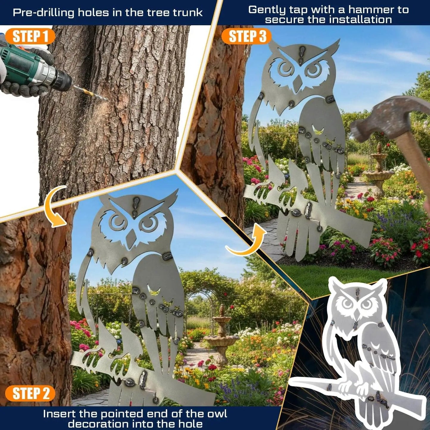 Step-by-step installation of the Owl Welding Practice Kit, showing pre-drilled tree trunk, inserting metal owl, securing with hammer in garden setting.