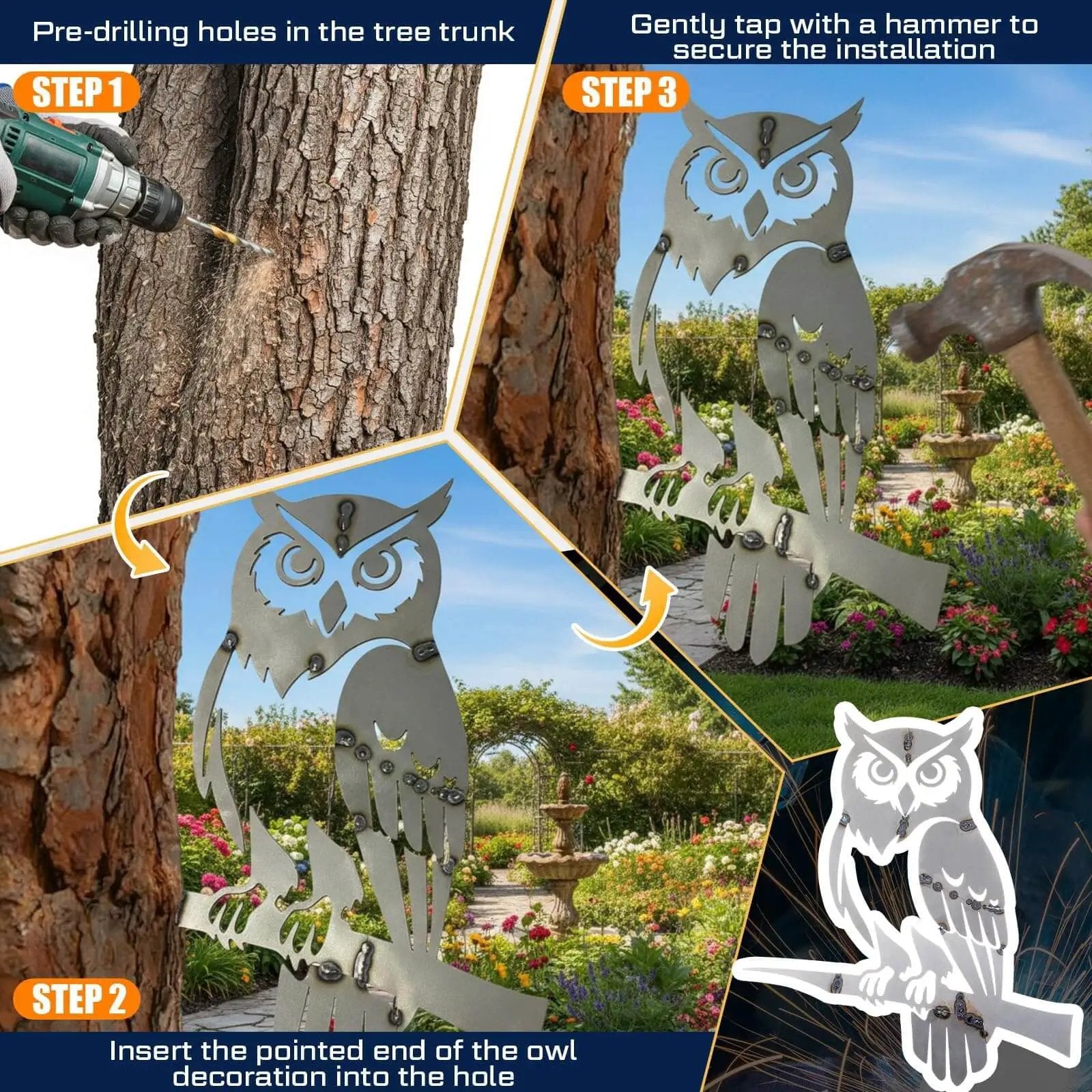 Step-by-step installation of the Owl Welding Practice Kit, showing pre-drilled tree trunk, inserting metal owl, securing with hammer in garden setting.