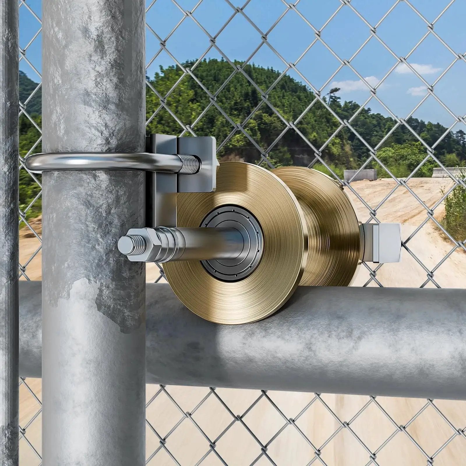 Sturdy Galvanized Steel Pipe Track Wheels For Chain Link Sliding Gates Fits 2 Inch Gate Frames And One And Five Eighths Inch Track Pipes Two Pack Durable Rust Resistant For Smooth Stable Gate Operation installed on gate