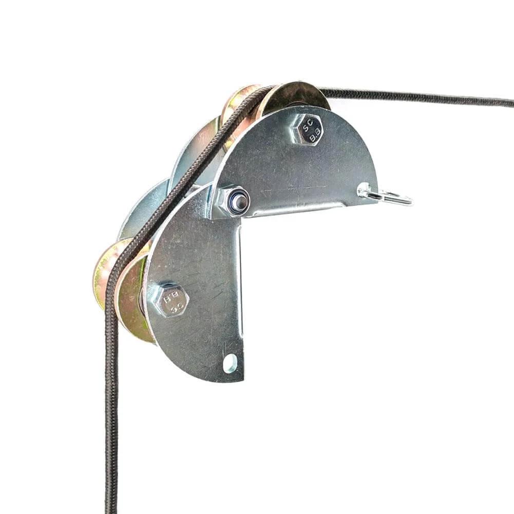 Side view of galvanized steel Pulley Hoist with rope, part of the Pulley System for Lifting heavy duty lift tools.