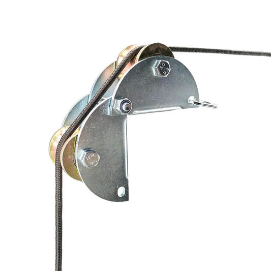 Side view of galvanized steel Pulley Hoist with rope, part of the Pulley System for Lifting heavy duty lift tools.