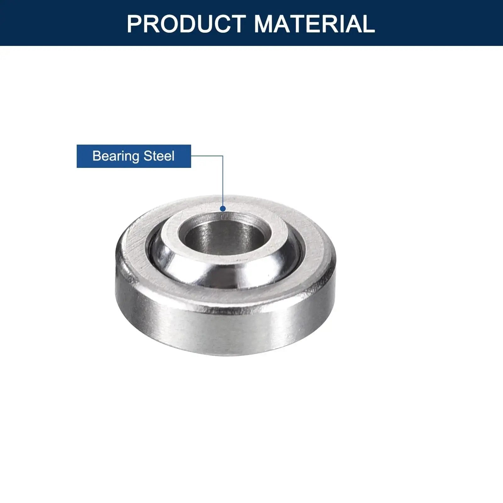 Compact radial spherical bearing made of bearing steel, visible in close-up, sized 5mm ID, 14mm OD, 6mm wide.