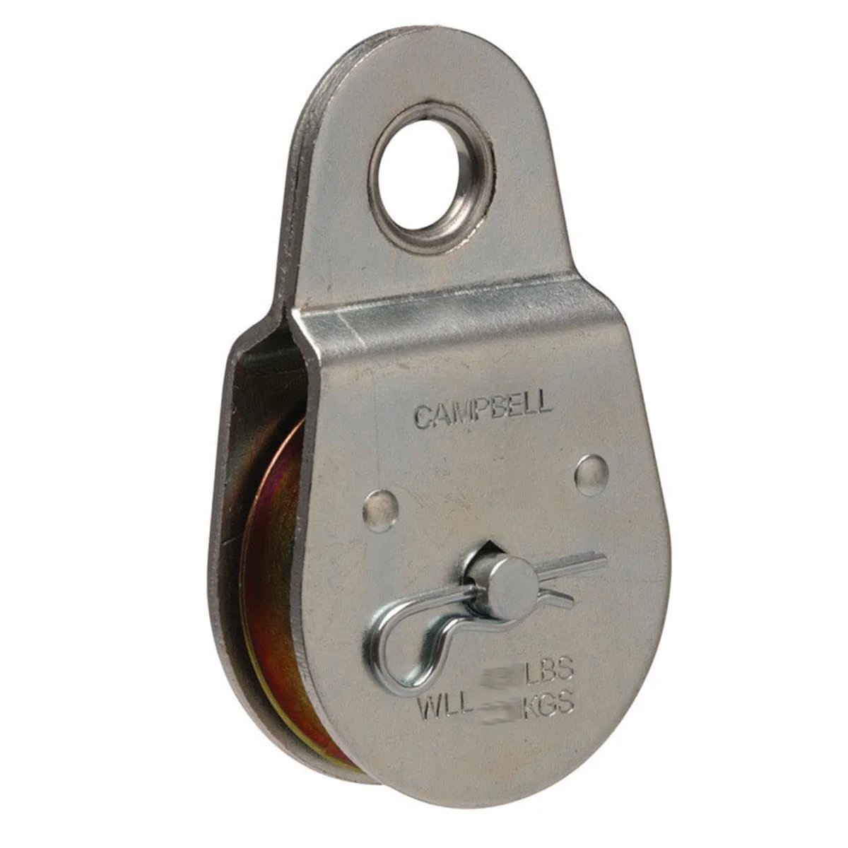 Side view of Steel Heavy Duty Single Sheave Rigid Eye Pulley, Zinc Plated, 2" Sheave Diameter, 3/8" Rope, 480 lbs Load Capacity