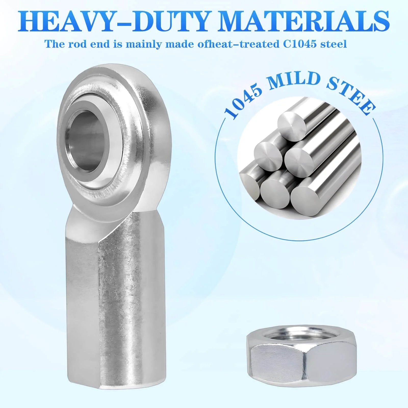 5/16 x 5/16-24 Rod End Bearing Heim Joint Kit, right hand female thread, steel rod ends with jam nut, material details shown