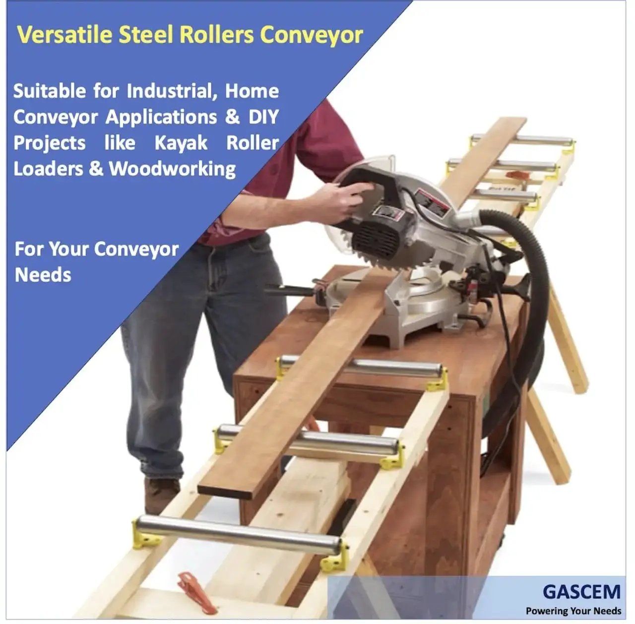 Set Of 2 Heavy Duty Galvanized Steel Conveyor Rollers For Roller Conveyor Systems used in DIY wood cutting setup