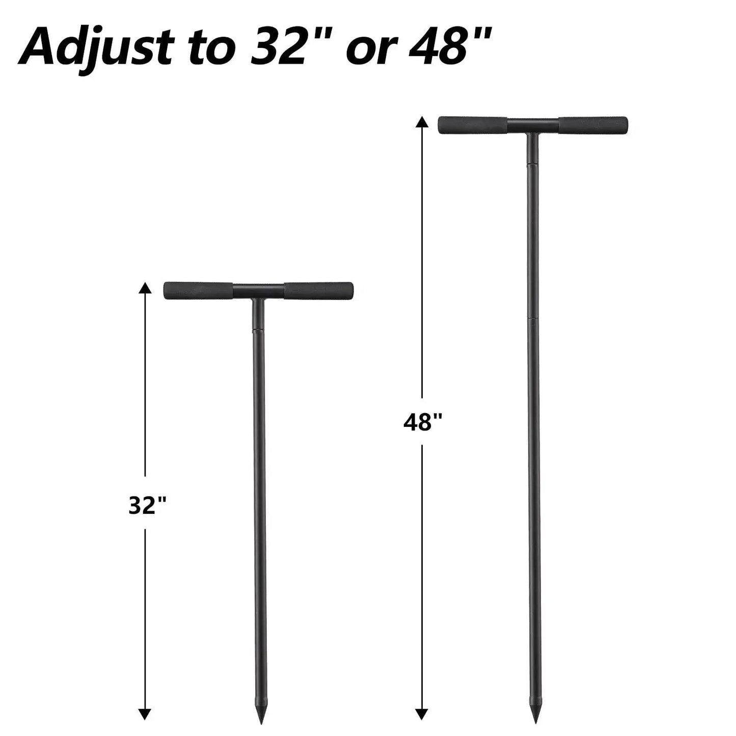 Hardcore 48 Inch Adjustable Soil Probe With T Handle All Steel Ground Rod showing 32 and 48 inch adjustment options