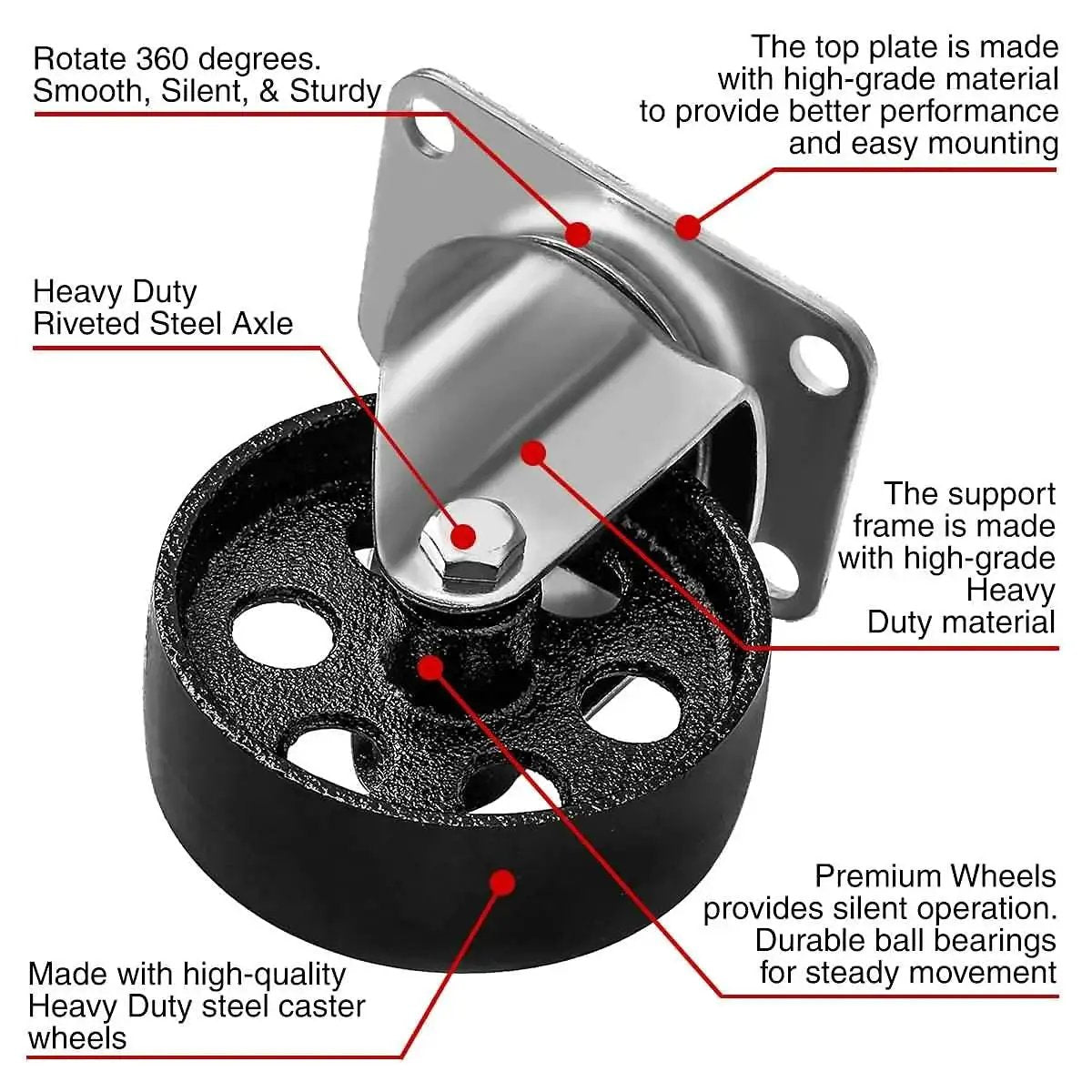Image of a 4 Pack Heavy Duty Large Steel Swivel Caster Wheel with 3.5 inch diameter and 2.5 x 3.5 plate for furniture and industrial use.