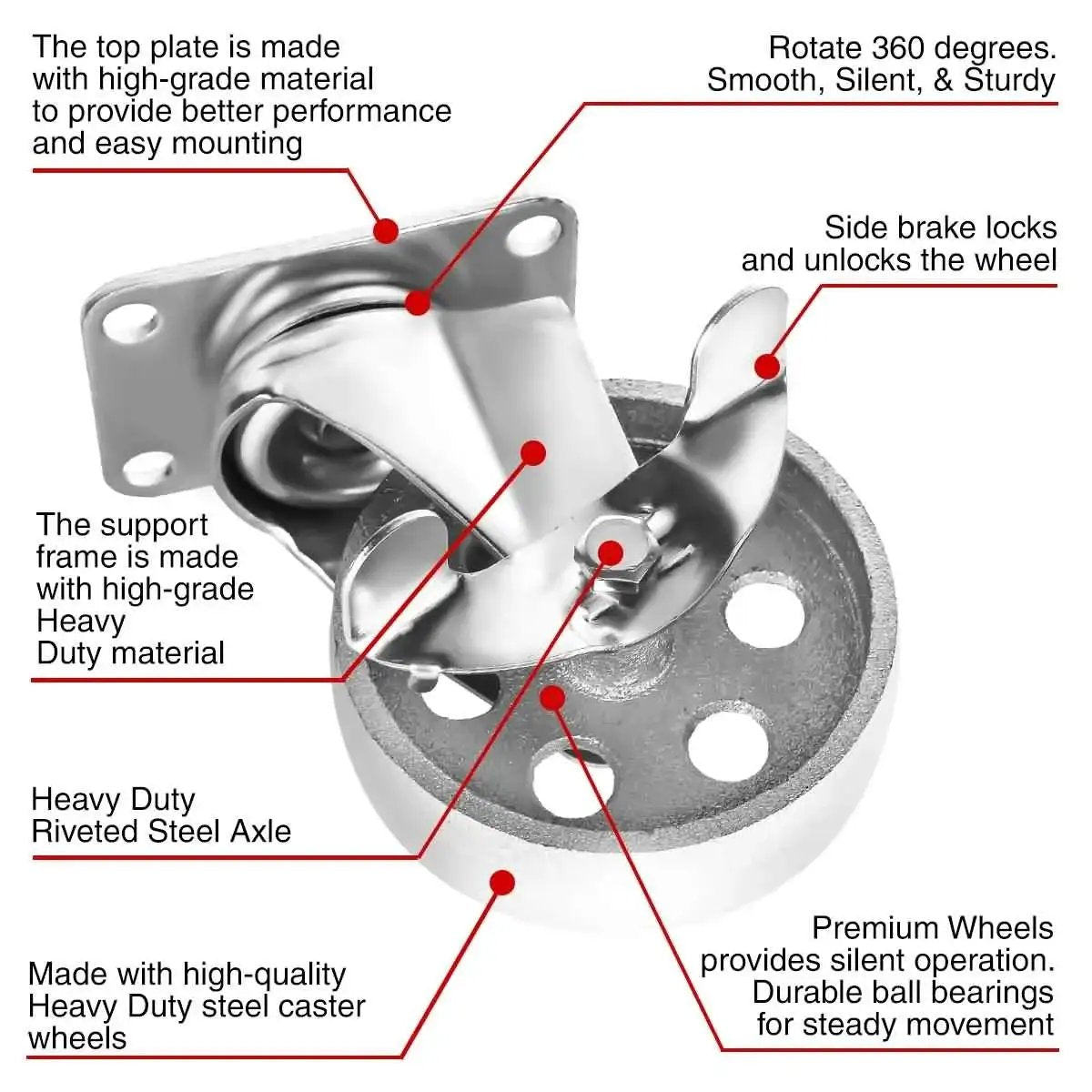 Heavy Duty 4in Steel Swivel Plate Caster with Brake, Iron Gray Finish, Detailed View Highlighting Construction Features